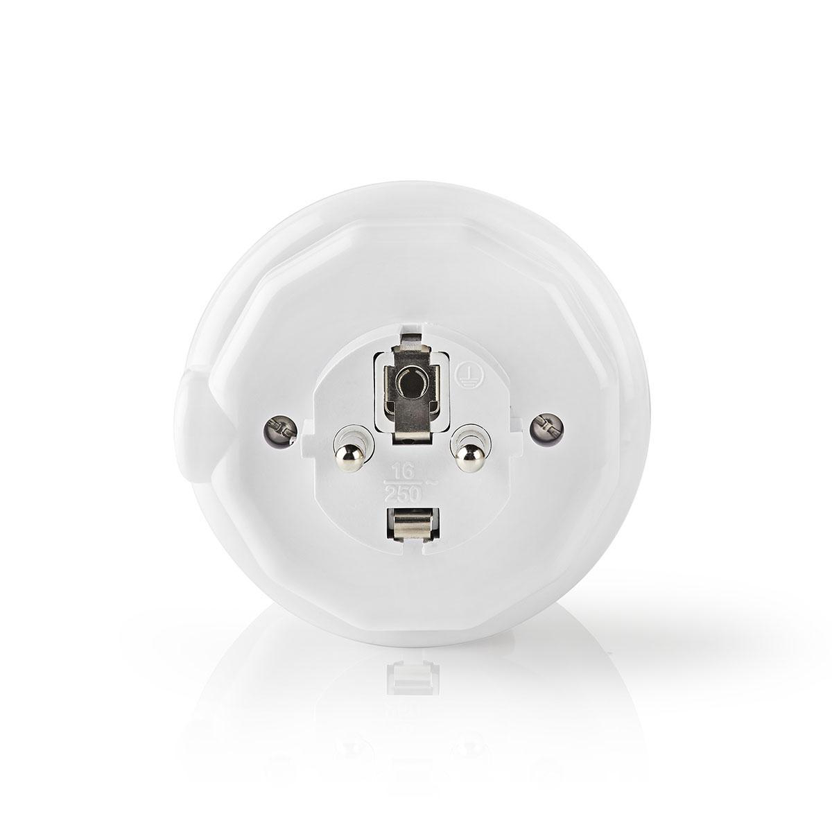A white, round power socket with a central port.