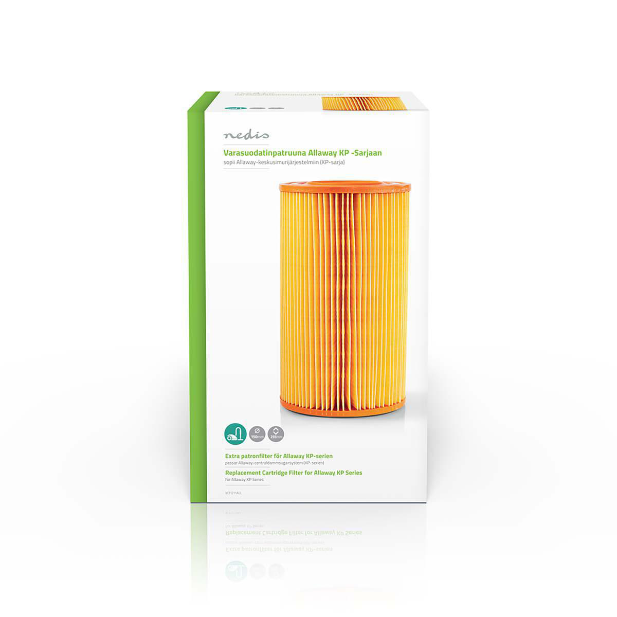 A box with a cylindrical orange filter. The box has the words 'Allaway KP-Sarjaan' in Finnish.