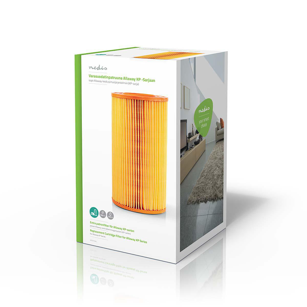 Box of an air filter, with a filter visible, and a living room scene on the box.