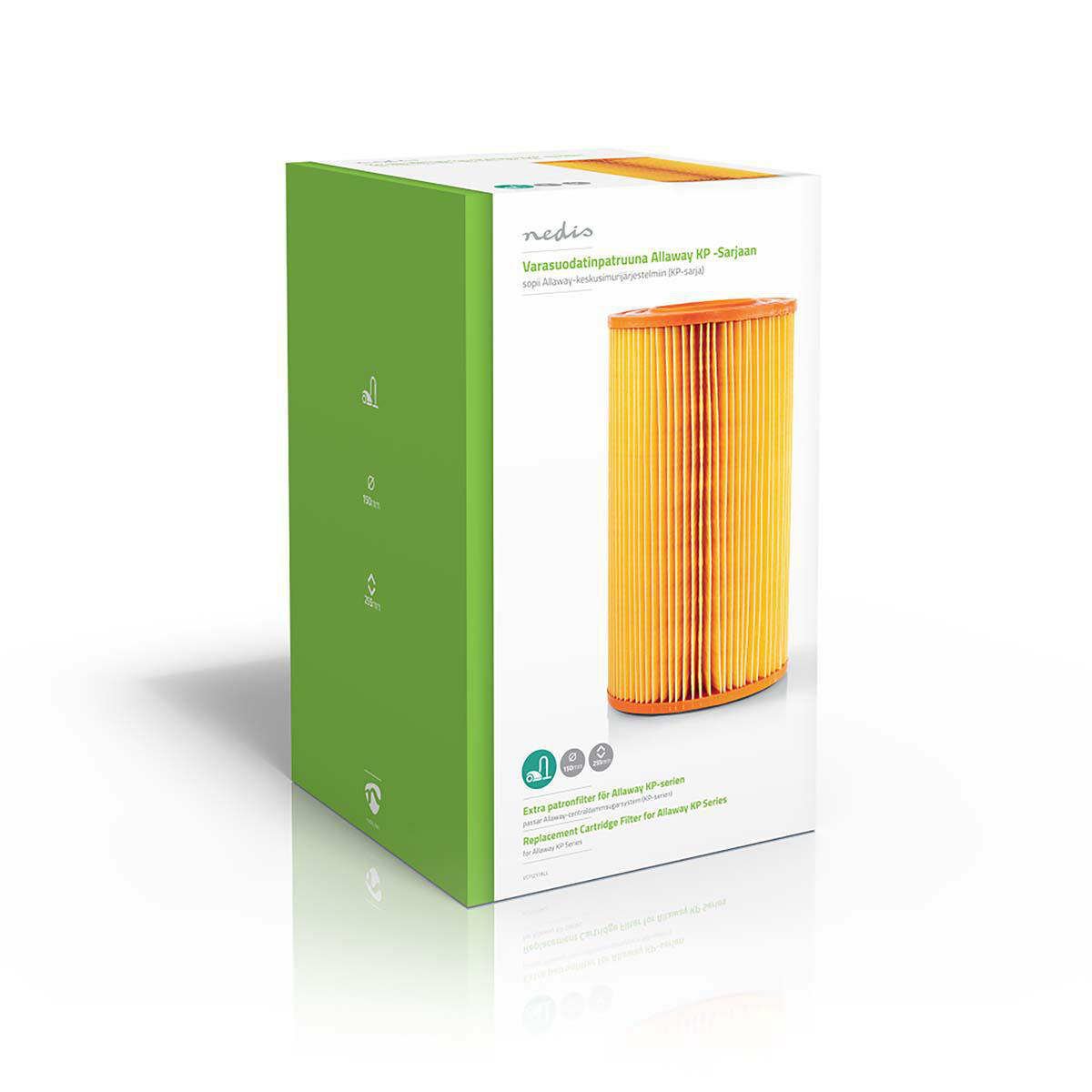 A green and white box with orange filter. Text is in multiple languages, on white background.