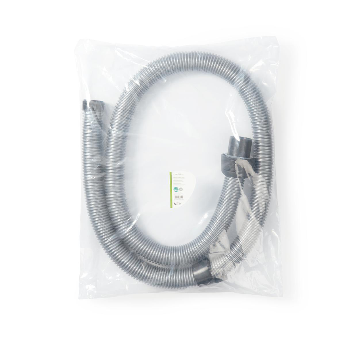 Een transparante plastic zak met een flexibele zilveren stofzuigerslang.
