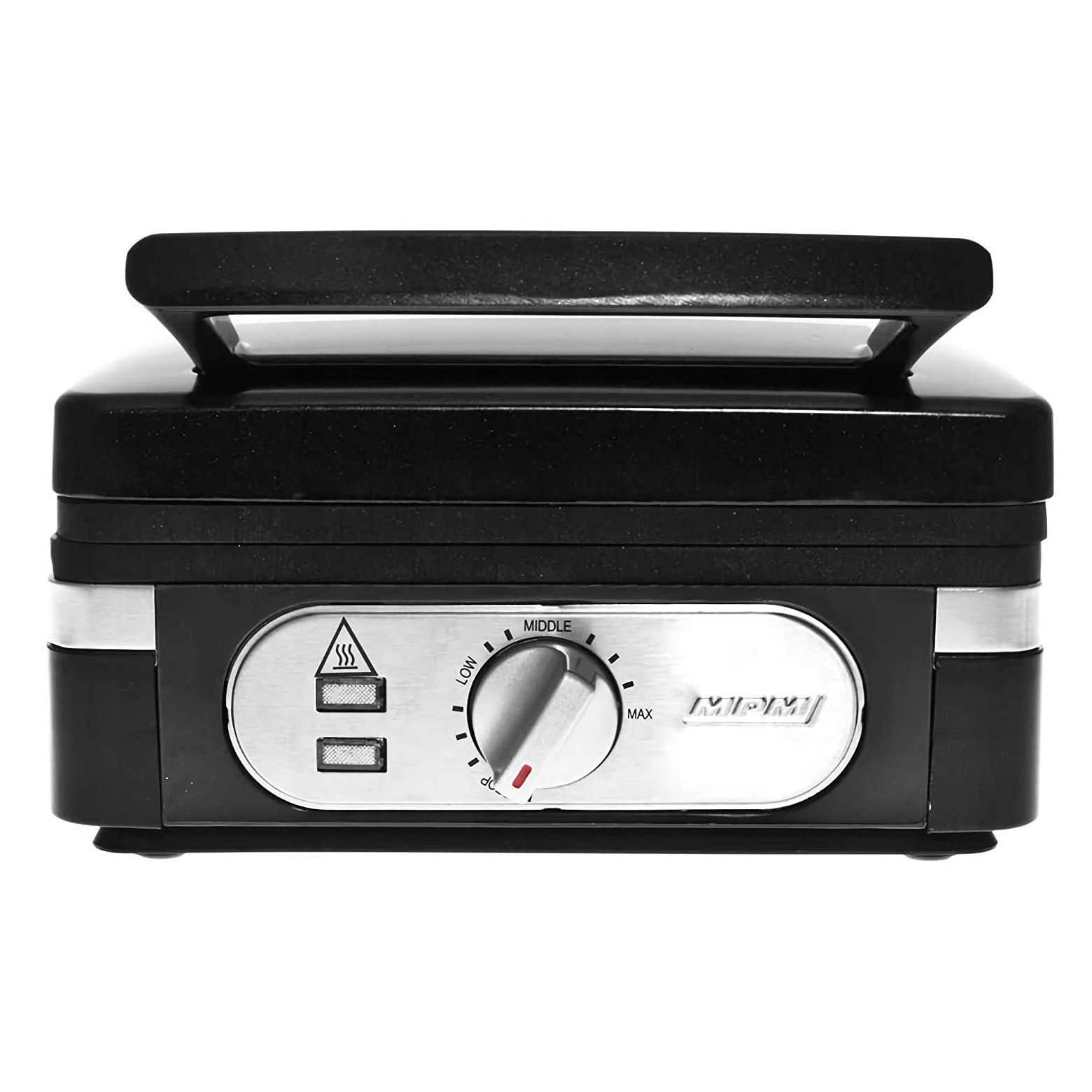 Czarny gofrownica z uchwytem i pokrętłem regulacji temperatury. Srebrne akcenty. Białe tło.