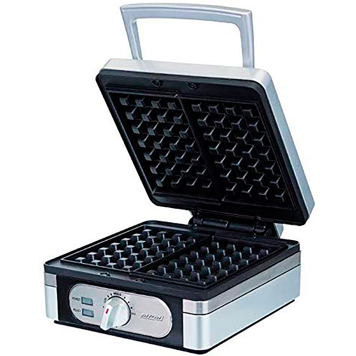 Silber-schwarzer Waffeleisen, geöffnet, um die Grillplatten zu zeigen, mit einem Bedienrad.