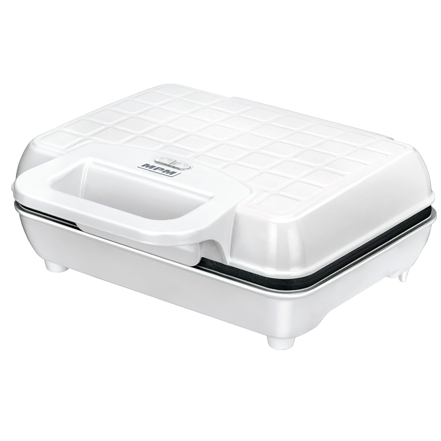 Wafflera blanca, cerrada. Tiene asa y está sobre superficie blanca. El diseño es texturizado.