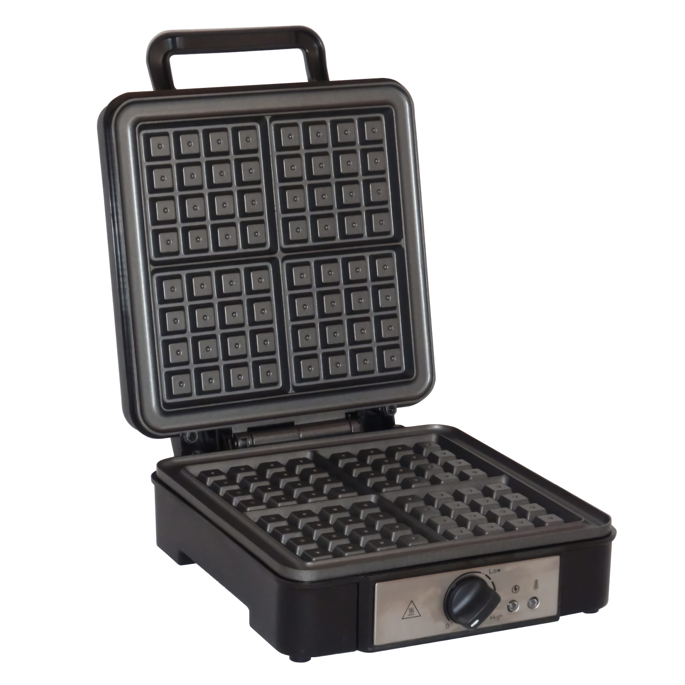 Macchina per waffle aperta che mostra quattro sezioni quadrate, sfondo nero.