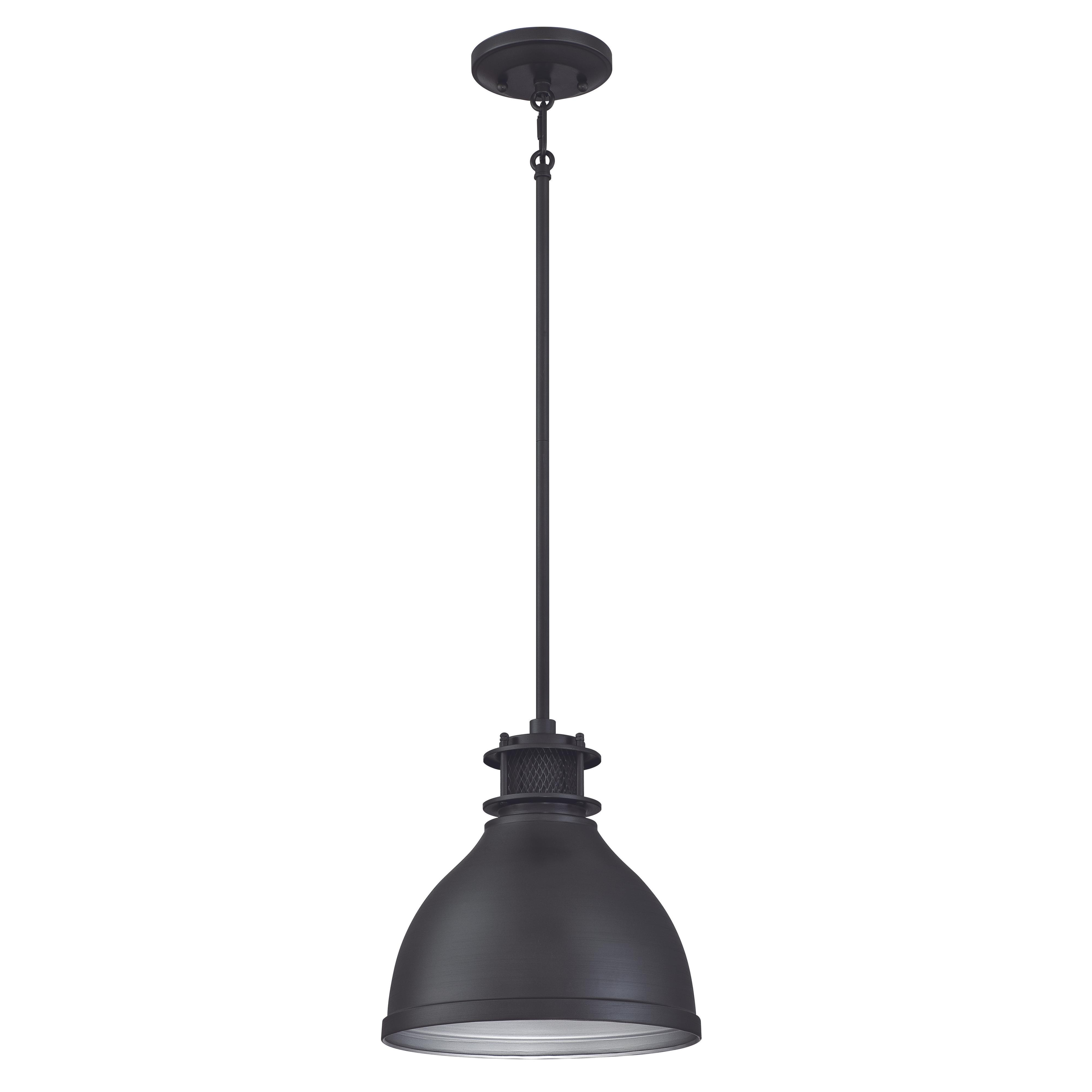 Lampada a sospensione nera con paralume a forma di cupola.