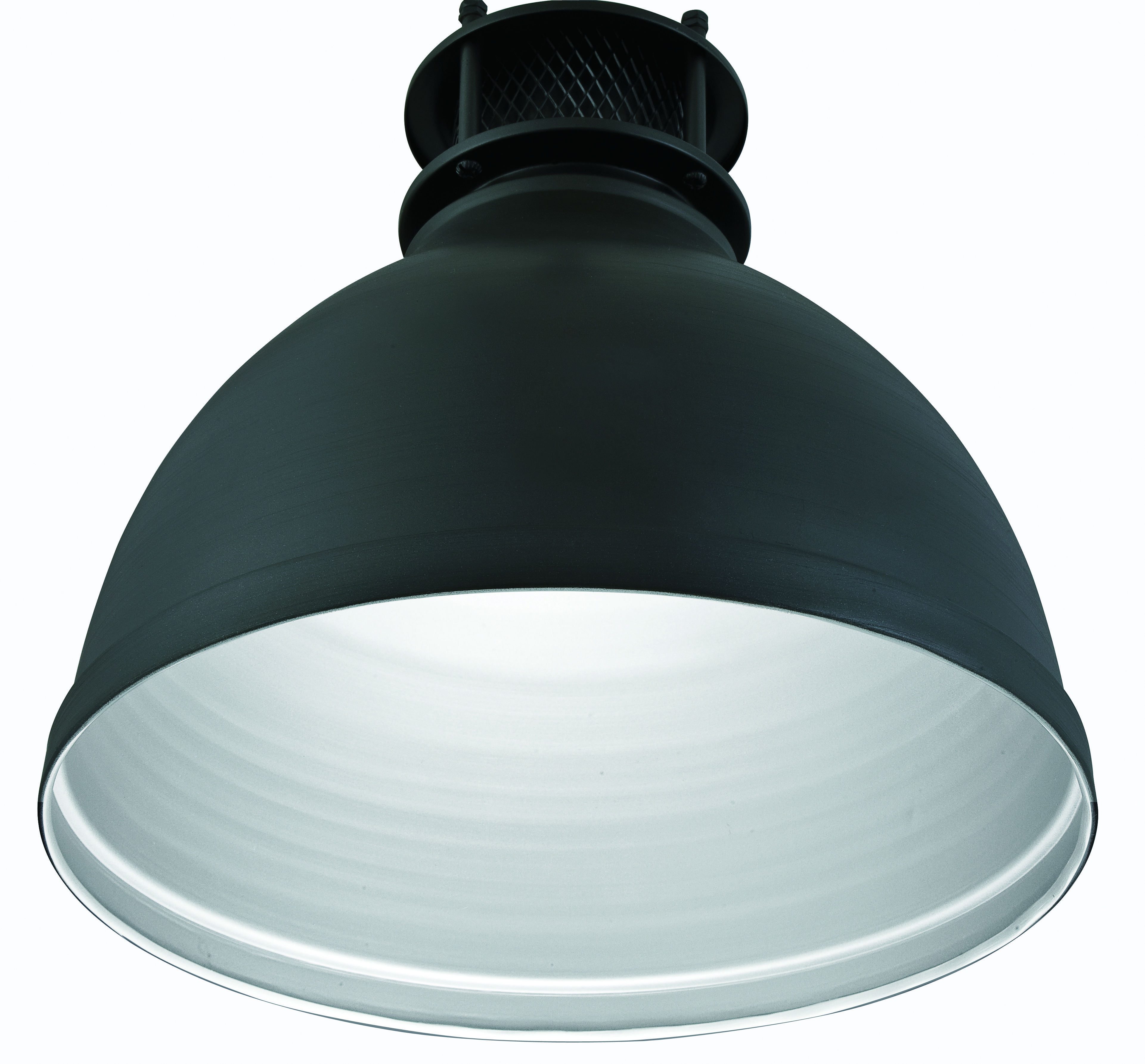 Lampada a sospensione industriale nera con interno argentato.
