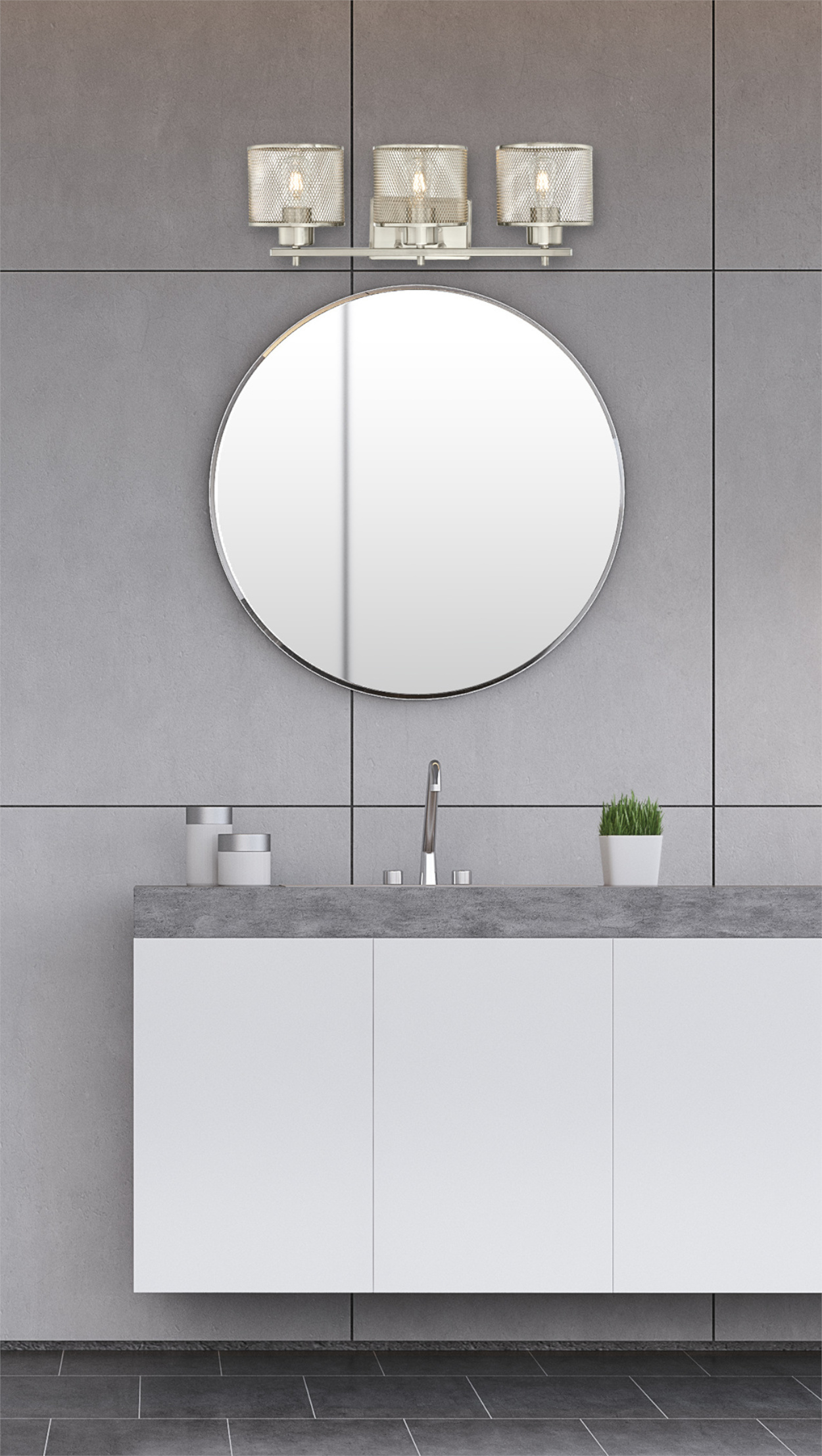 Badezimmer-Szene mit Spiegel, Lichtern und Waschbecken. Graue Wand und weißer Schrank.