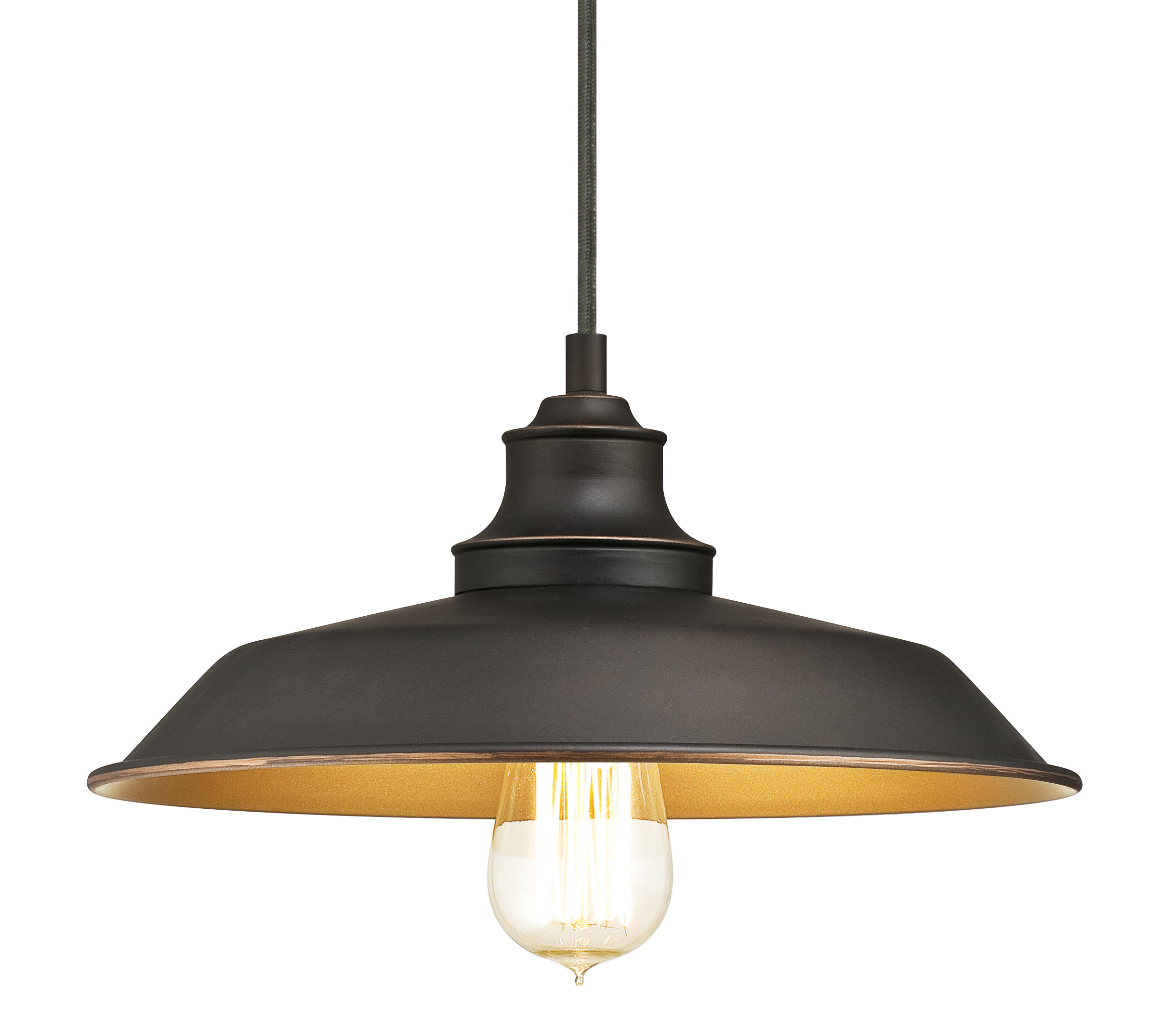 Eine bronzefarbene Pendelleuchte mit sichtbarer Glühbirne und goldenem Innenraum.