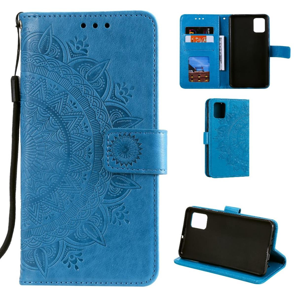 Blaue Handyhülle mit Mandala-Design, offene und geschlossene Ansicht.