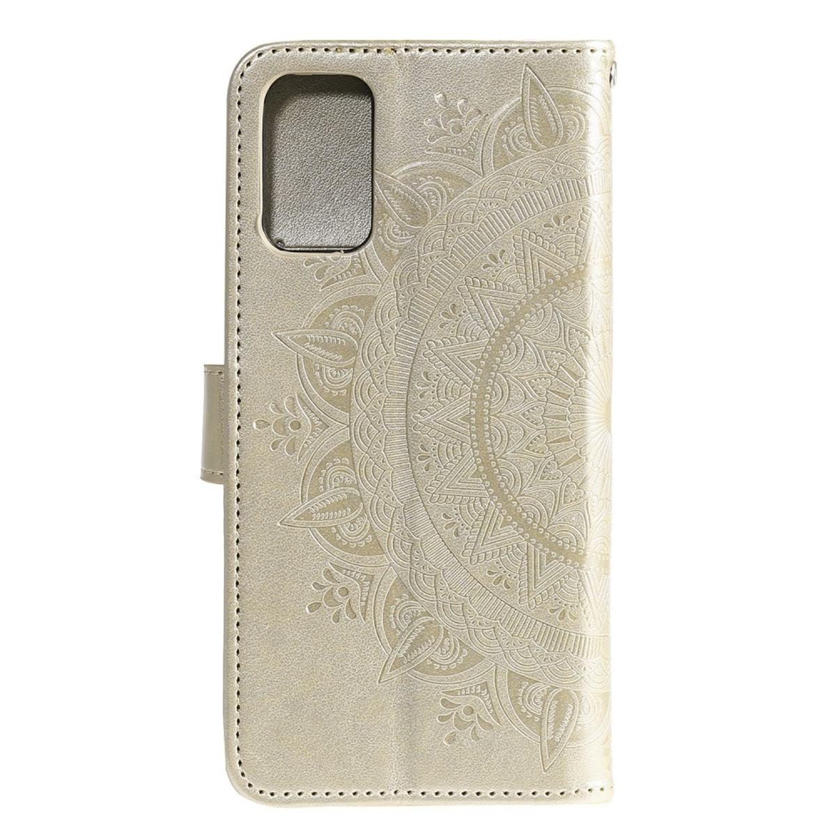Goldene Handyhülle mit Mandala-Design. Magnetverschluss und Nähte.