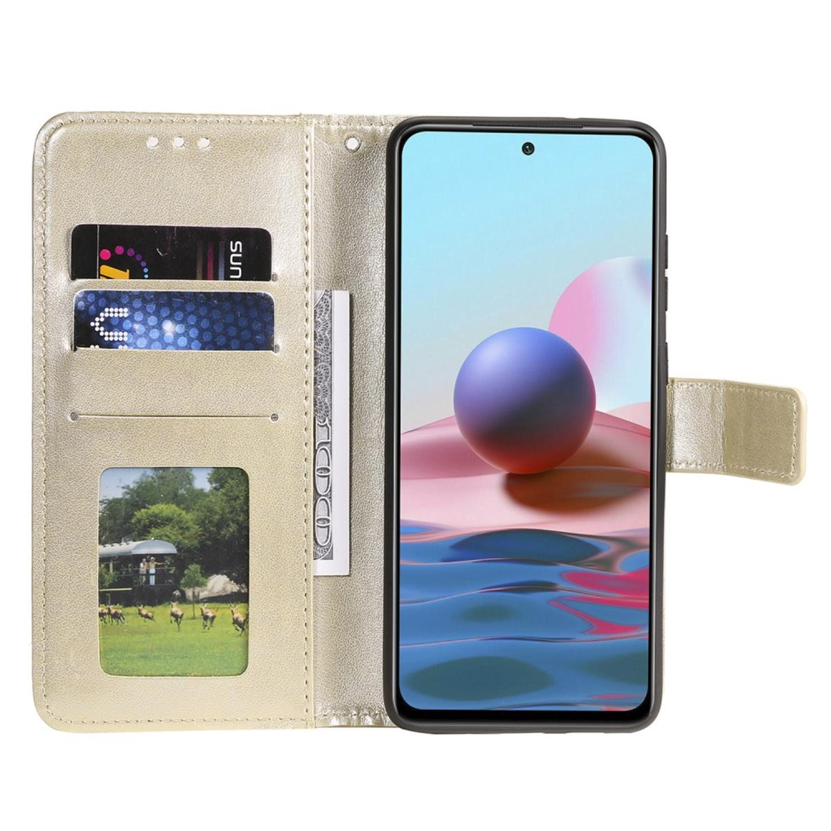 Telefon in einer Brieftasche. Das Etui ist goldfarben und offen, mit einem Telefon und Steckplätzen für Karten und Geld.