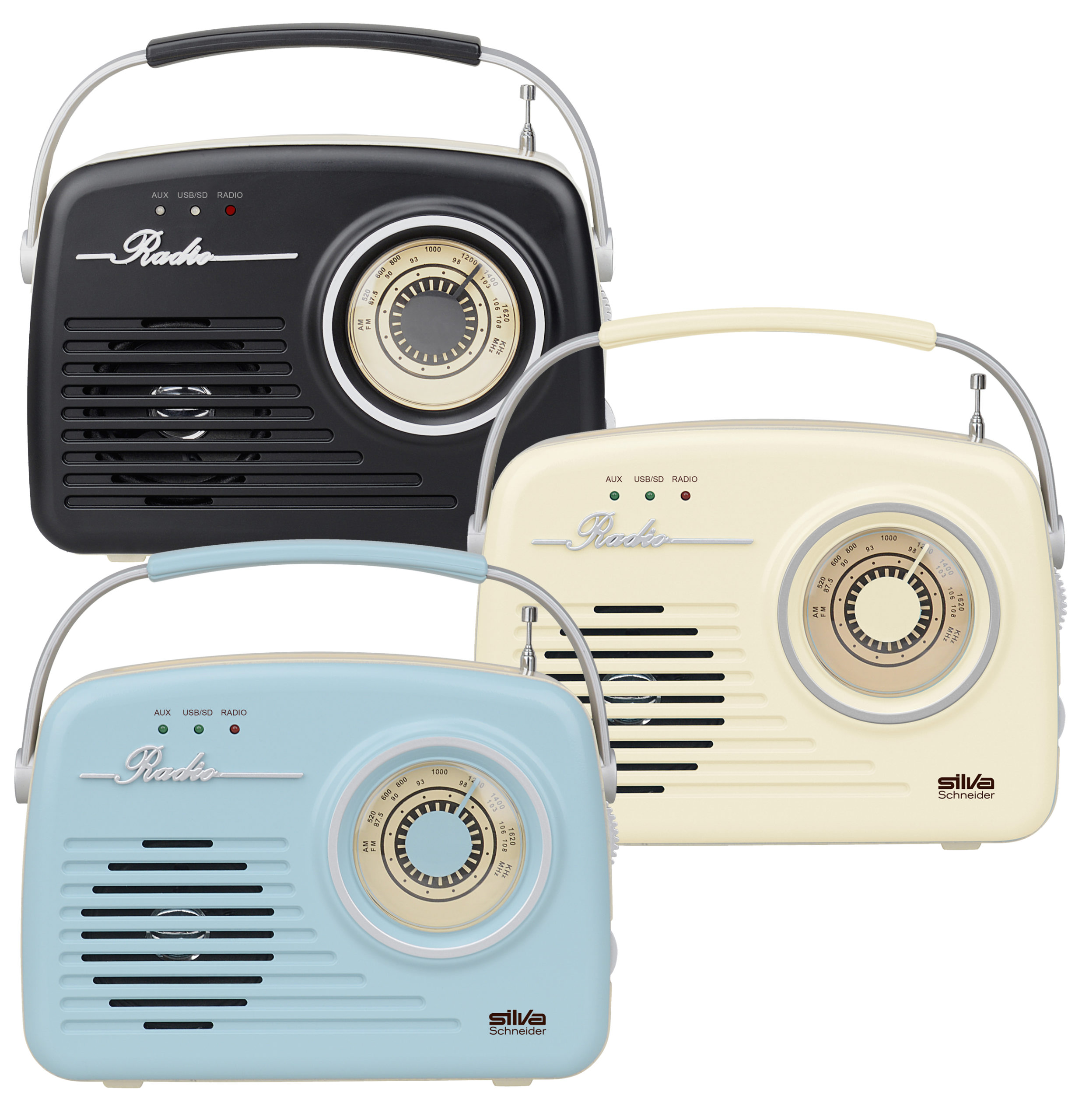 Tre radio in stile retrò. Nera, crema e blu. Ognuna con quadranti e una maniglia.