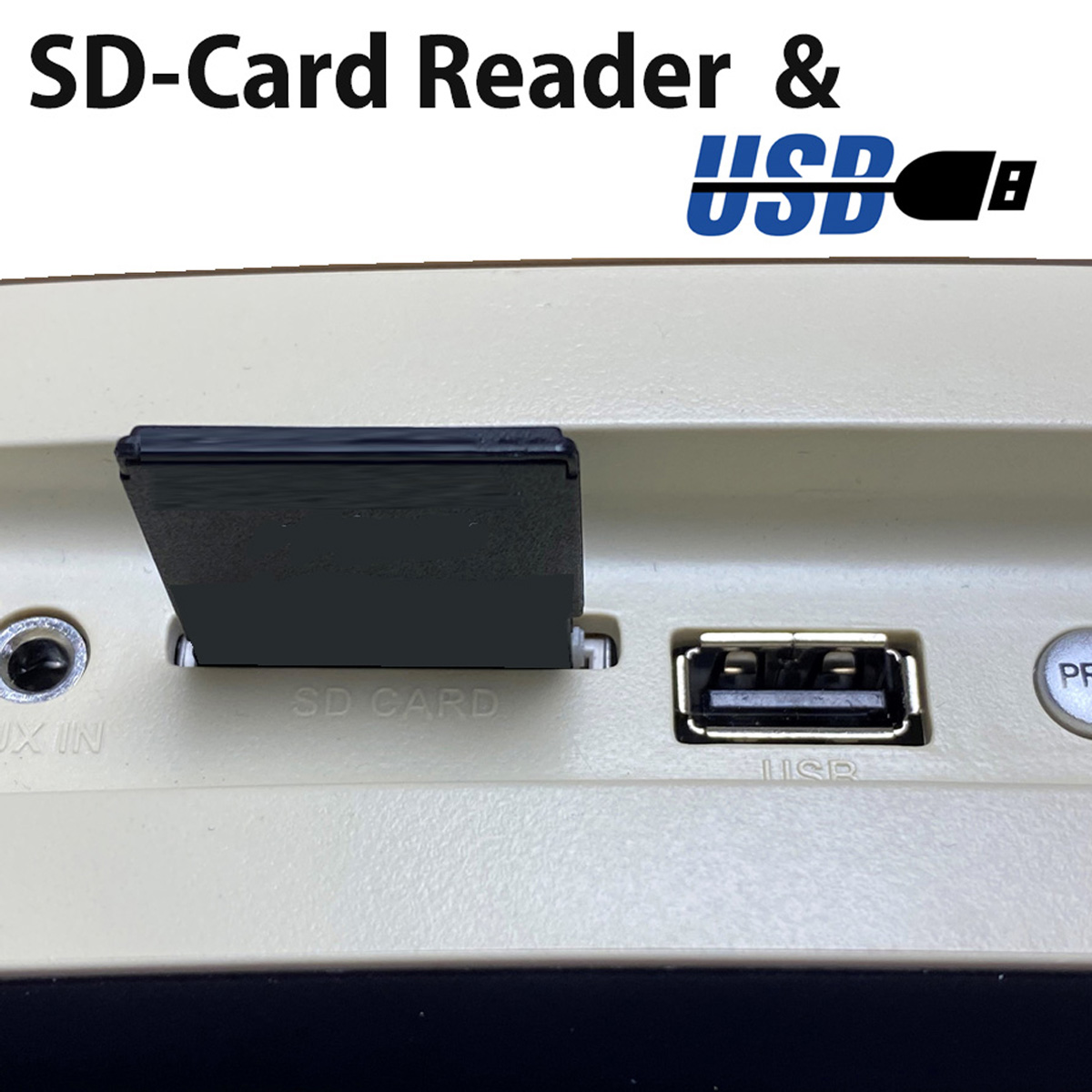 Un lettore di schede SD con una porta USB. Il testo SD CARD e USB sono visibili.