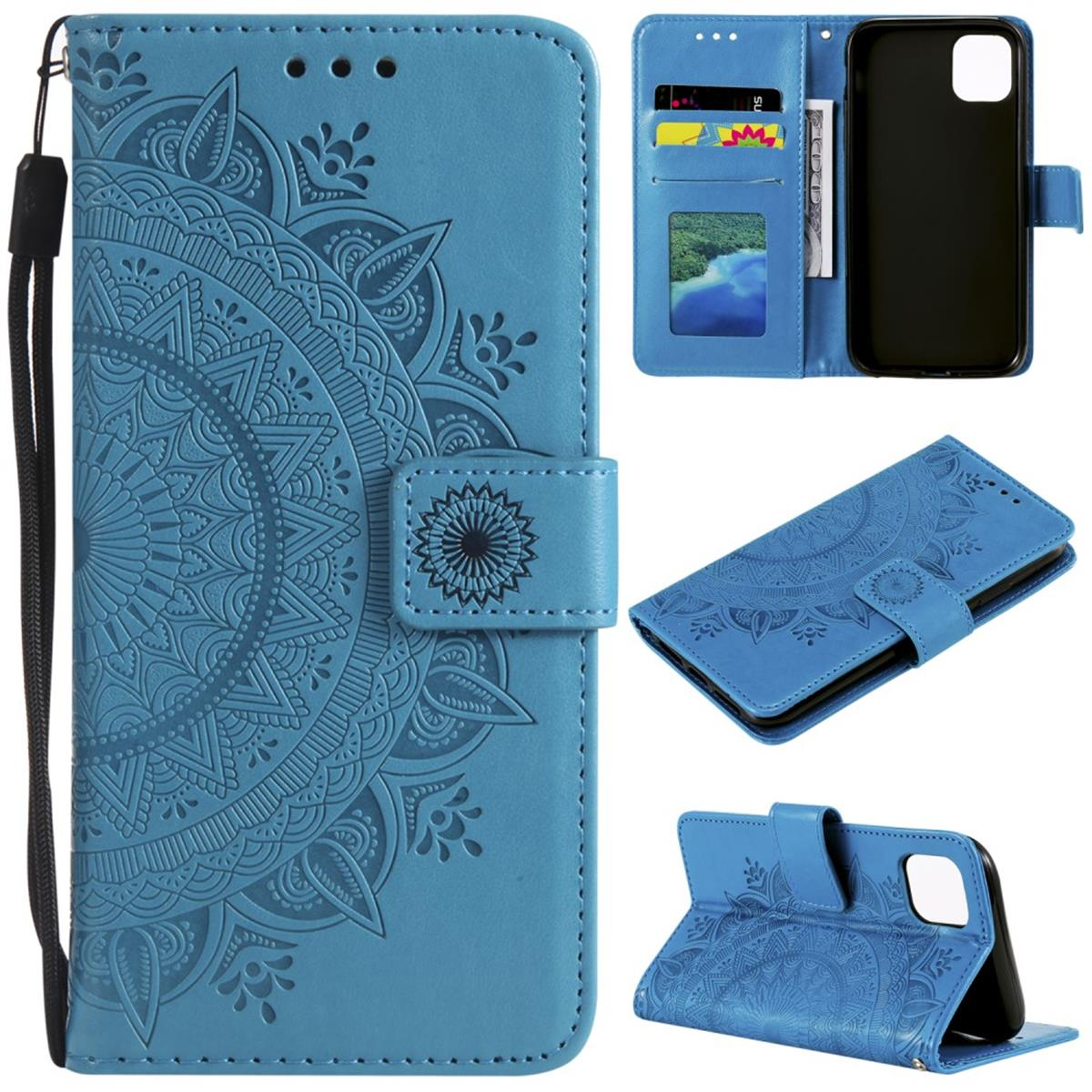 Eine blaue Handyhülle mit Mandala-Design und mehreren Blickwinkeln, offen und geschlossen.