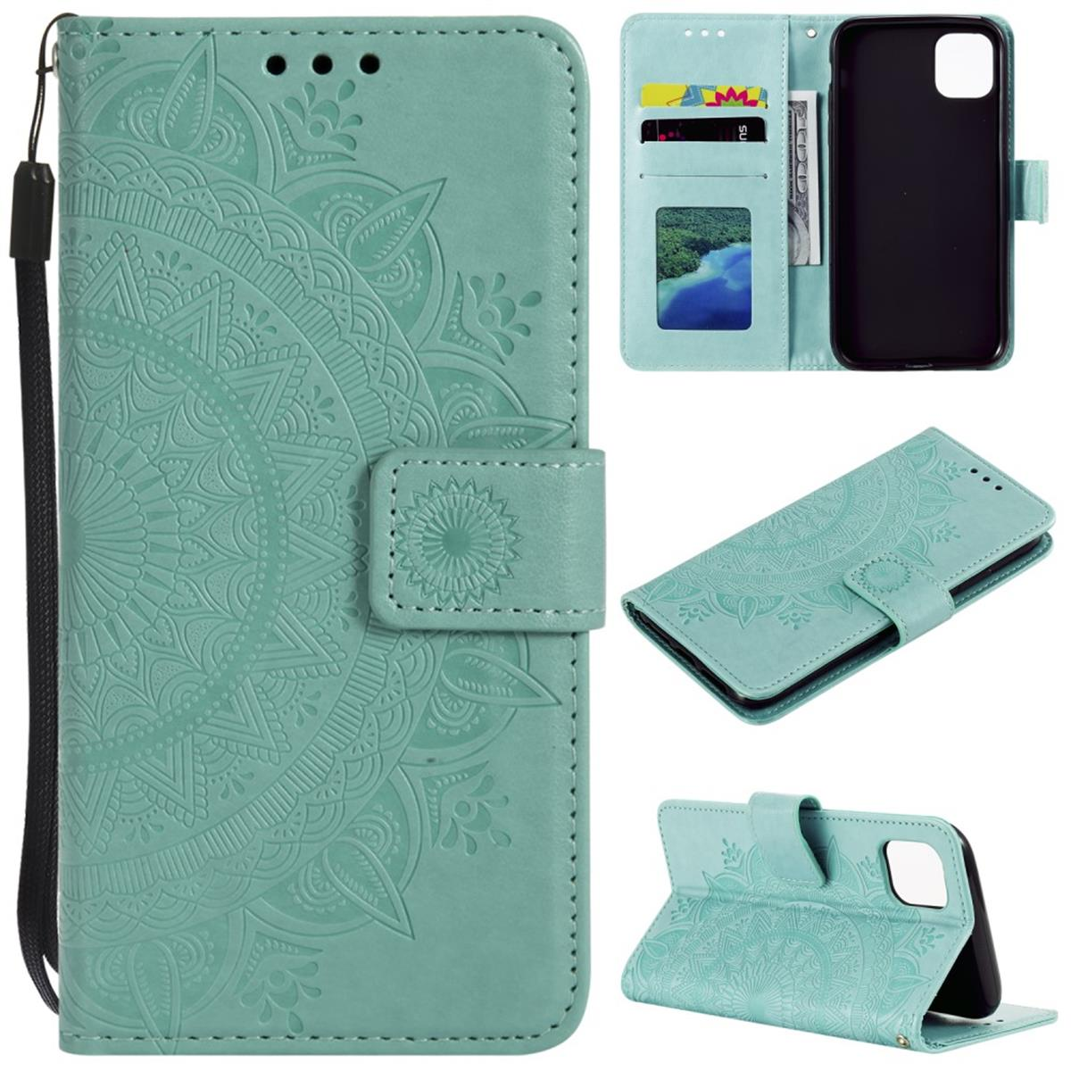 Eine teal Handyhülle mit Mandala-Design. Mehrere Bilder zeigen die Hülle offen, geschlossen und das Innere.