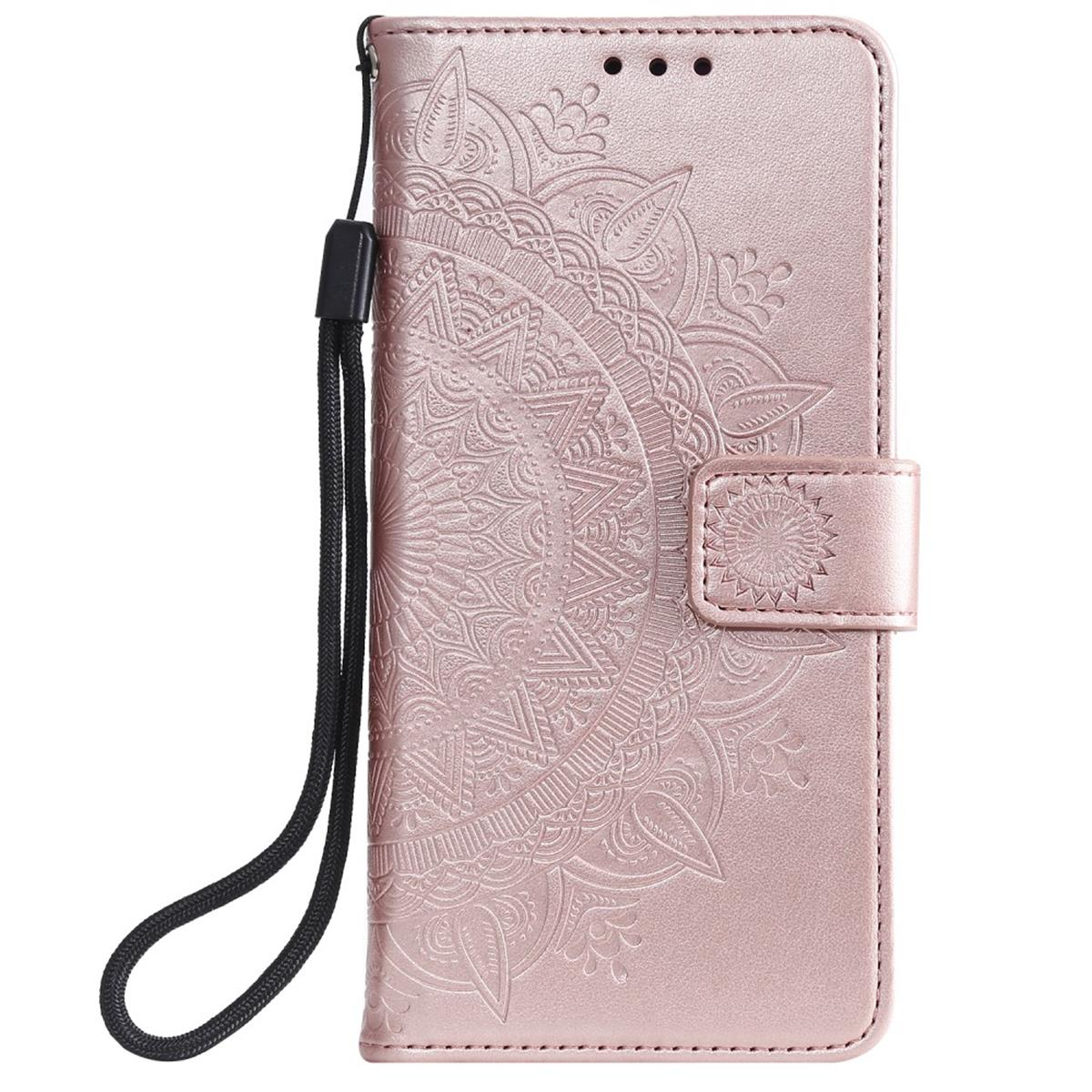 Roségoldenes Handycase mit Mandala-Design. Es hat einen Riemen und einen Magnetverschluss.