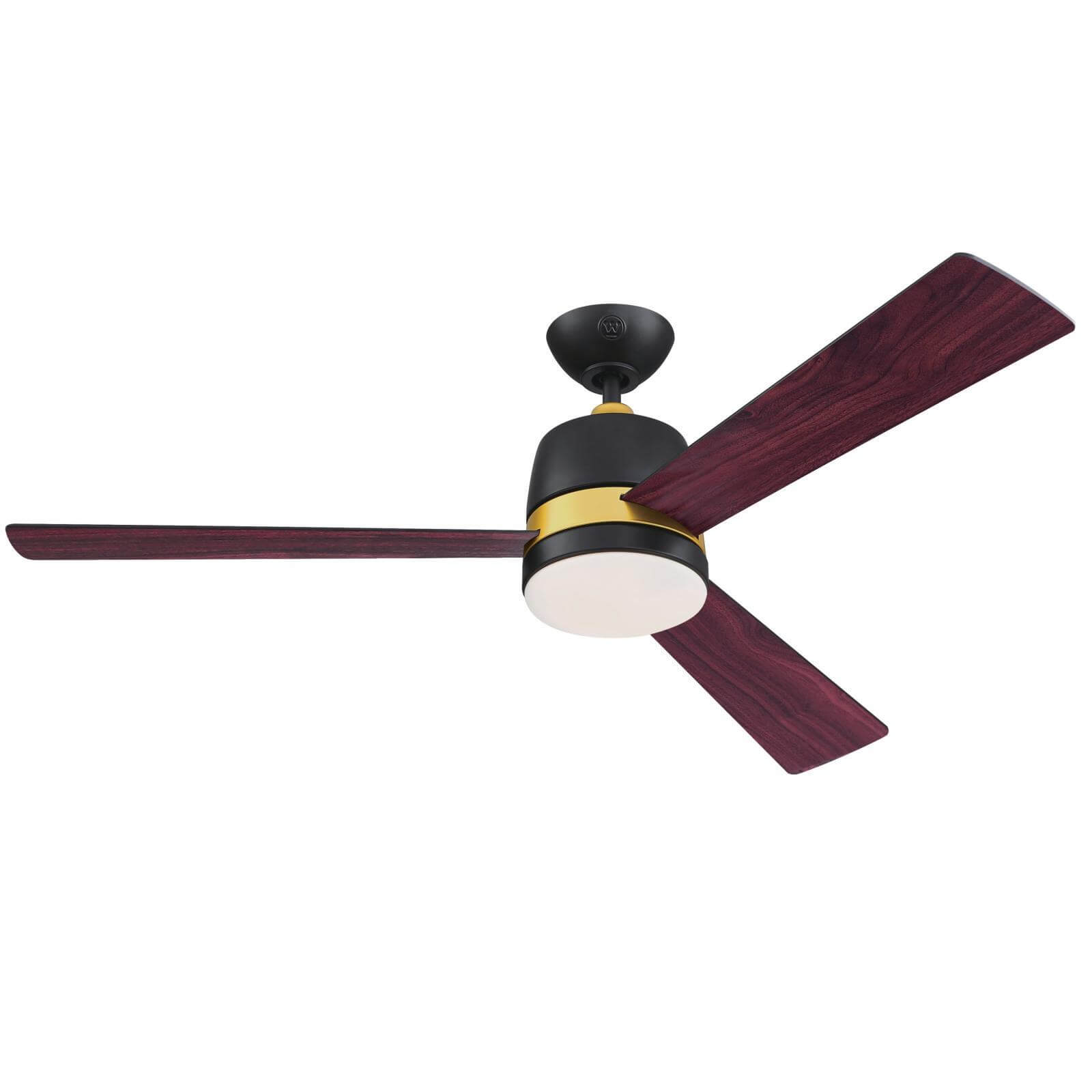 Un ventilatore a soffitto con tre pale bordeaux e un alloggiamento motore nero e oro. Sfondo bianco.