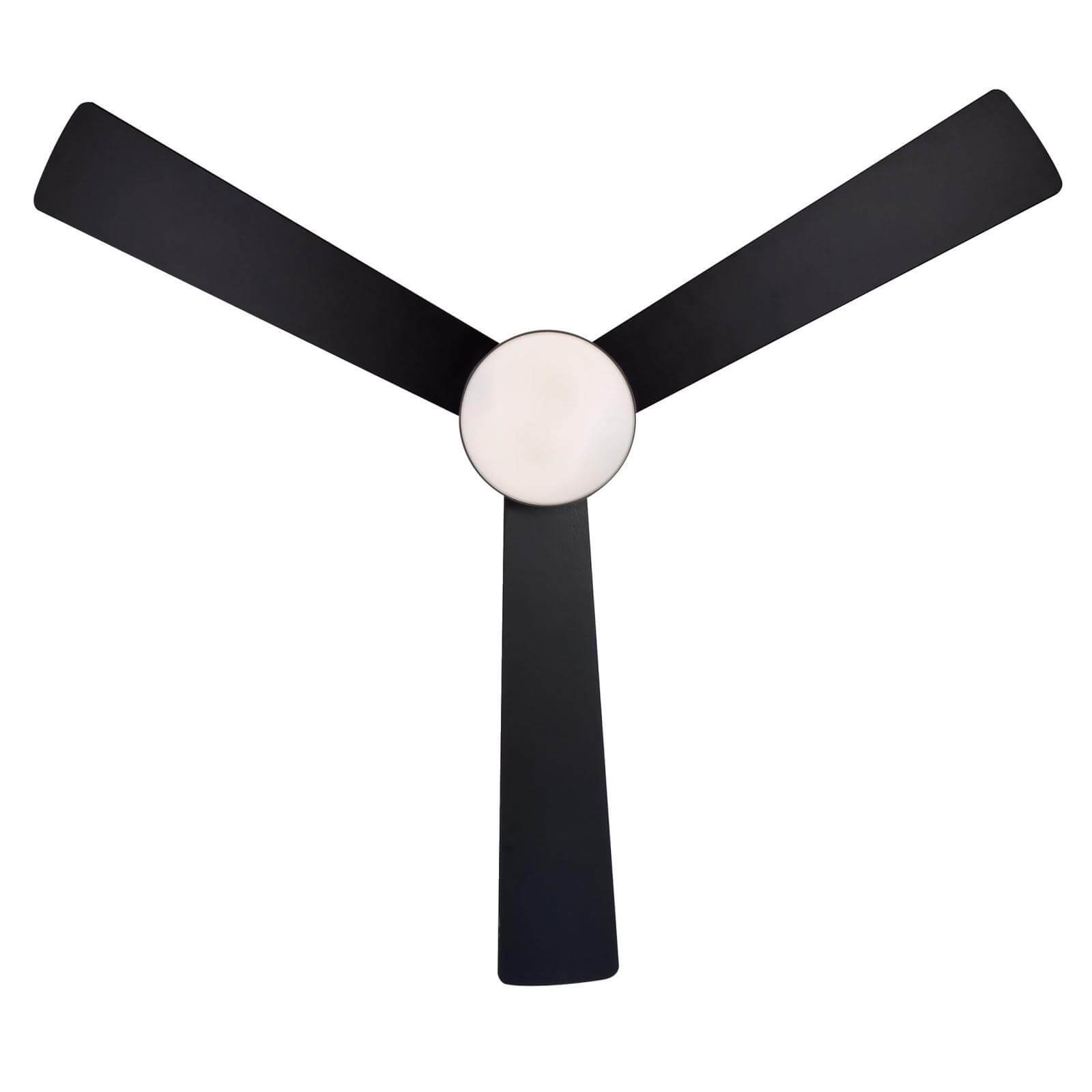 Ventilatore da soffitto nero con tre pale e una luce rotonda al centro.