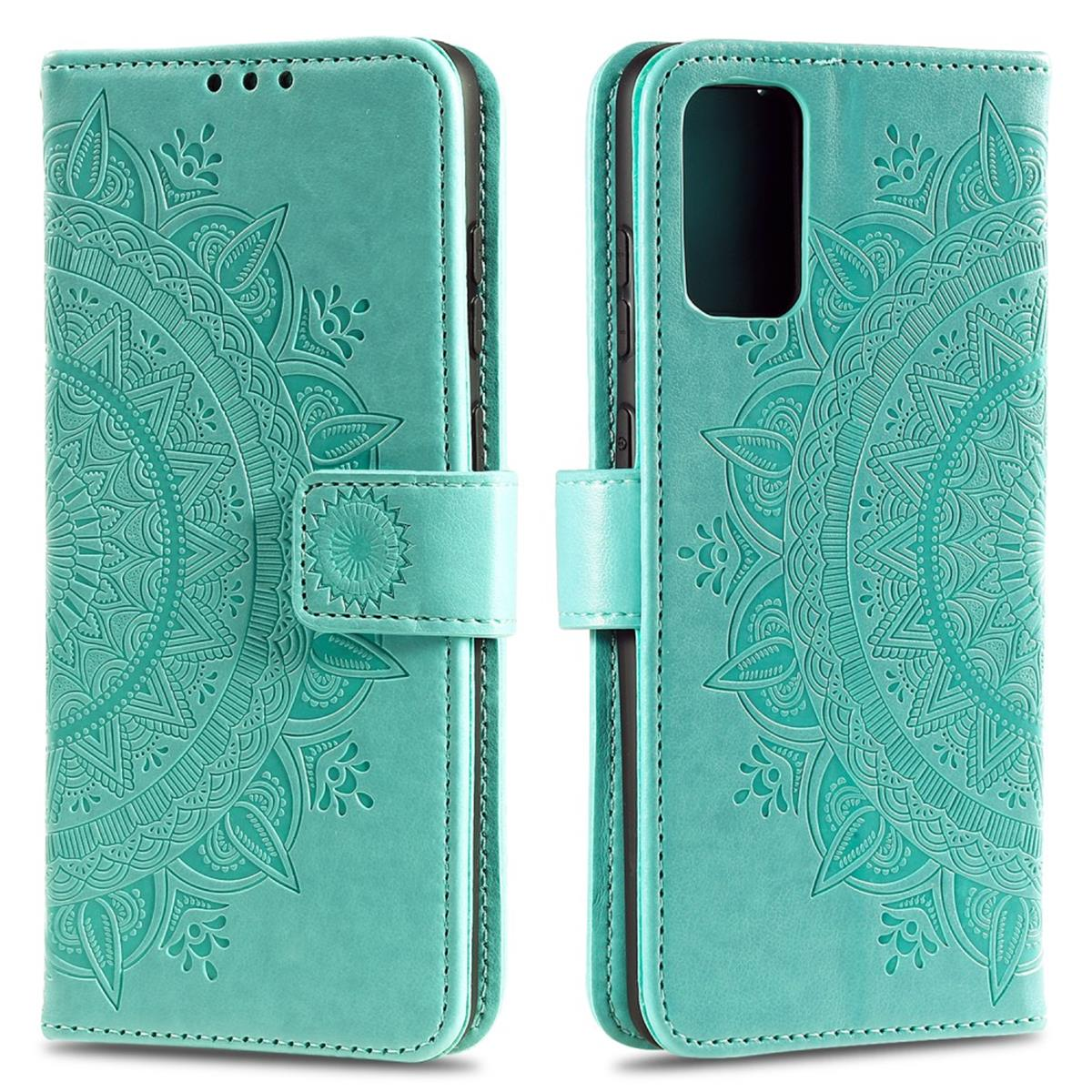 Türkisfarbene Handyhülle mit floralem Design. Geöffnet, zeigt die Rückseite des Telefons. Knopfverschluss.