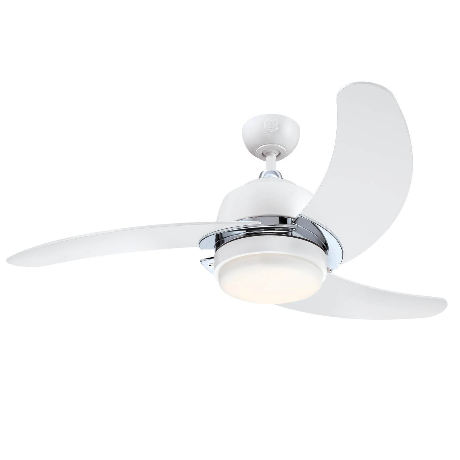 Ein weißer Deckenventilator mit drei gebogenen Flügeln und einer zentralen Leuchte.