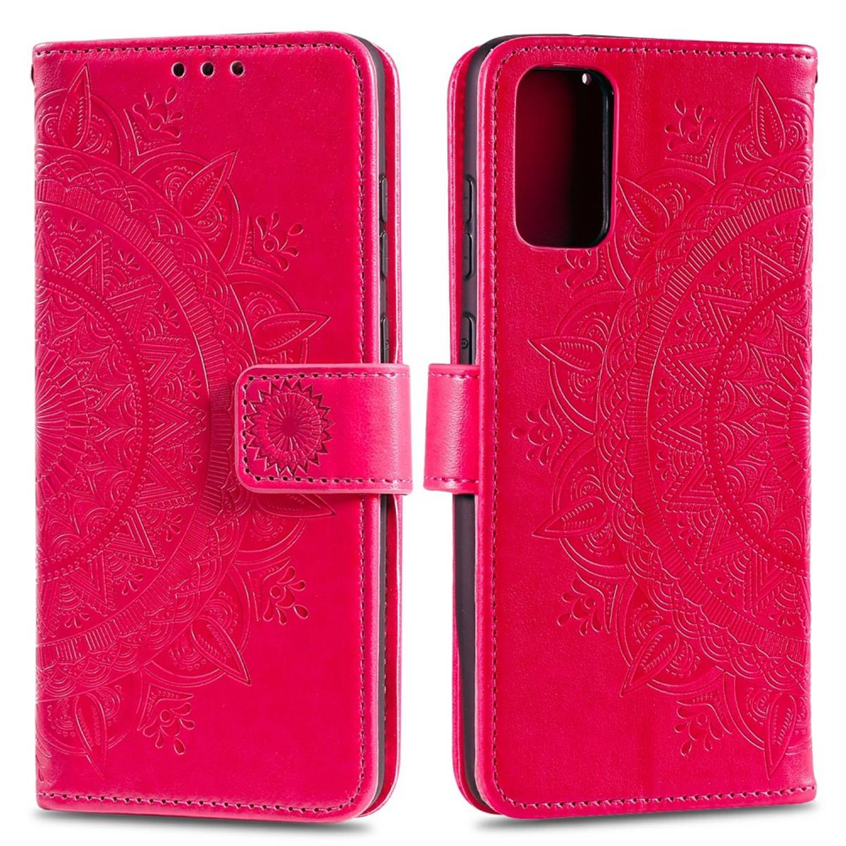 Offene pinke Leder-Handyhülle mit detailliertem Mandala. Das Telefon hat eine Taste und drei Kameralöcher.