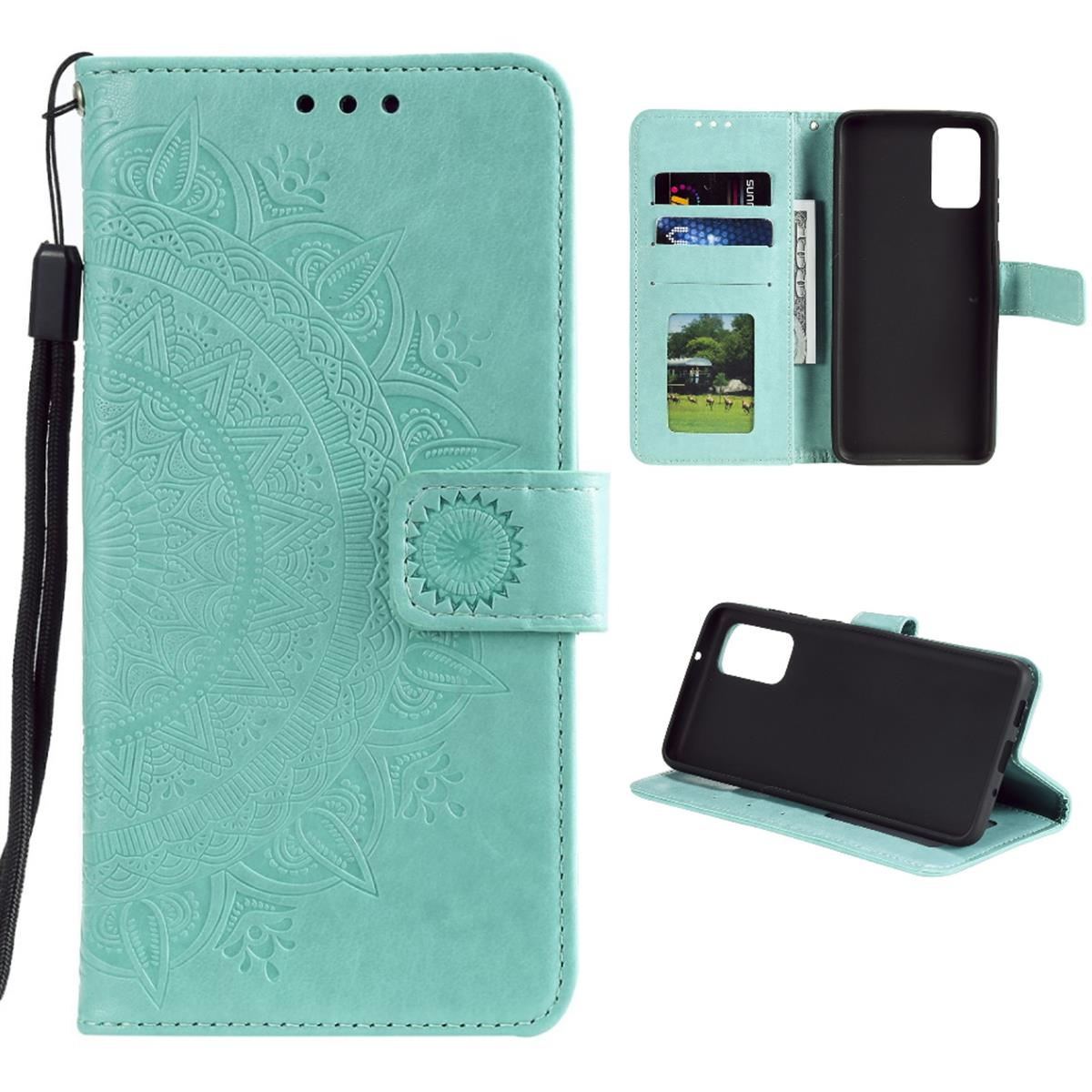 Eine türkisfarbene Handyhülle mit Mandala-Design, geöffnet, um Kartenfächer und ein Telefon zu zeigen.