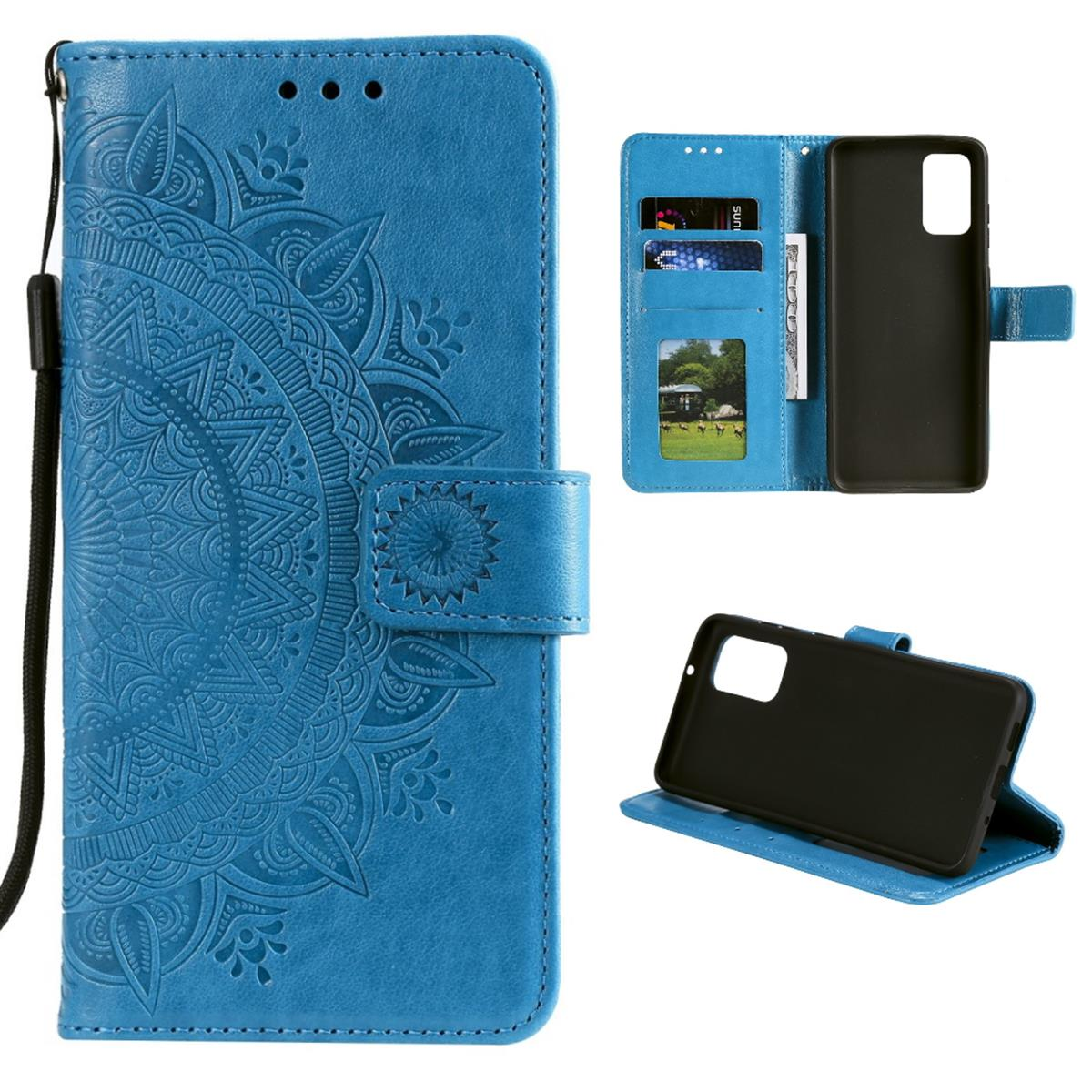 Blaue Handyhülle mit geprägtem Mandala-Design. Geöffnet, um Telefon und Kartenfächer zu zeigen. Schwarzes Telefon.