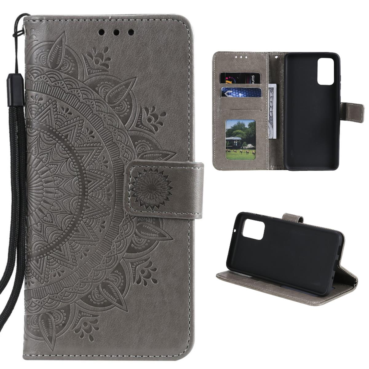 Graue Handyhülle mit Mandala-Design, offen. Innenansicht mit Kartenfächern und Telefonhalter.