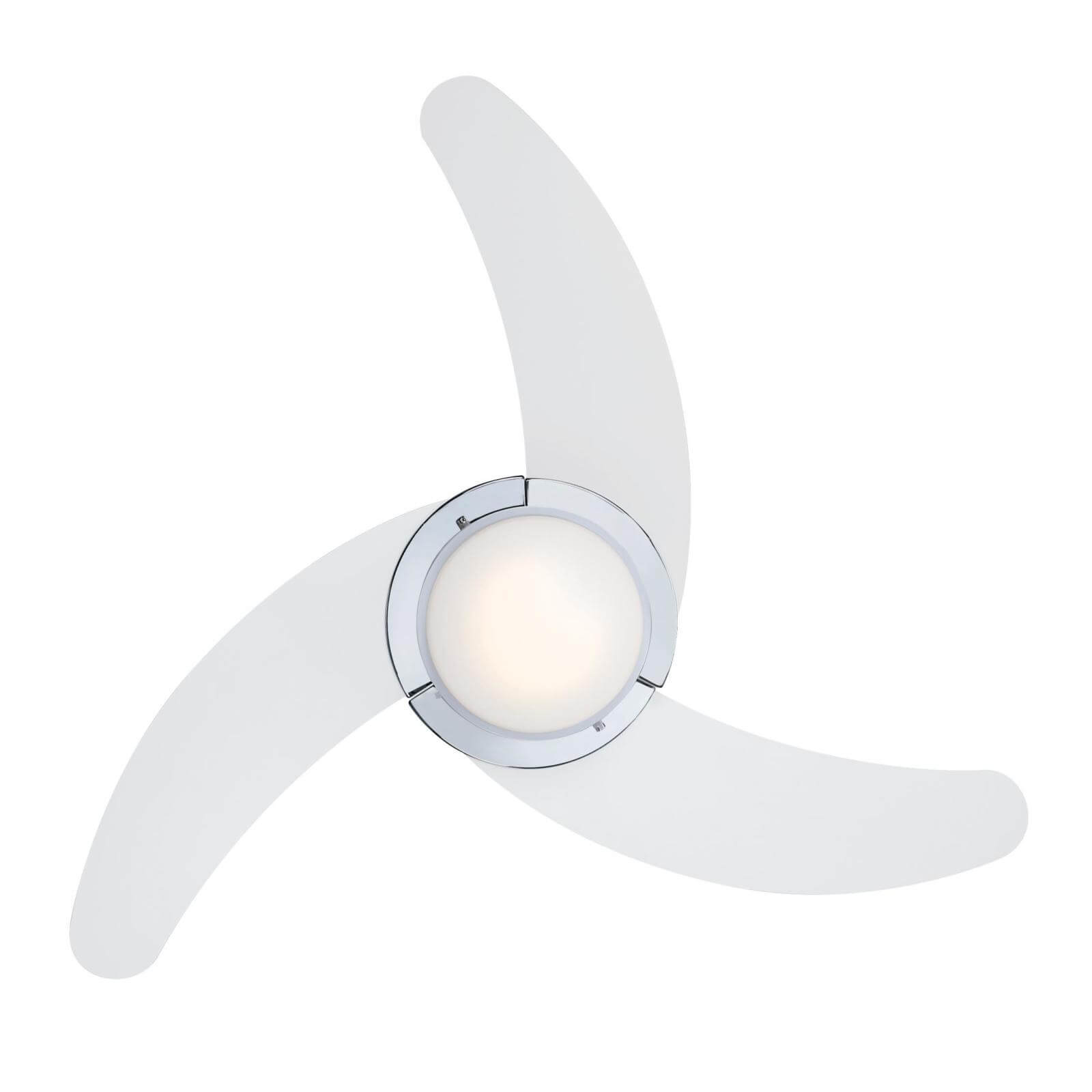 Ein weißer Deckenventilator mit drei gebogenen Flügeln und einer zentralen Leuchte.