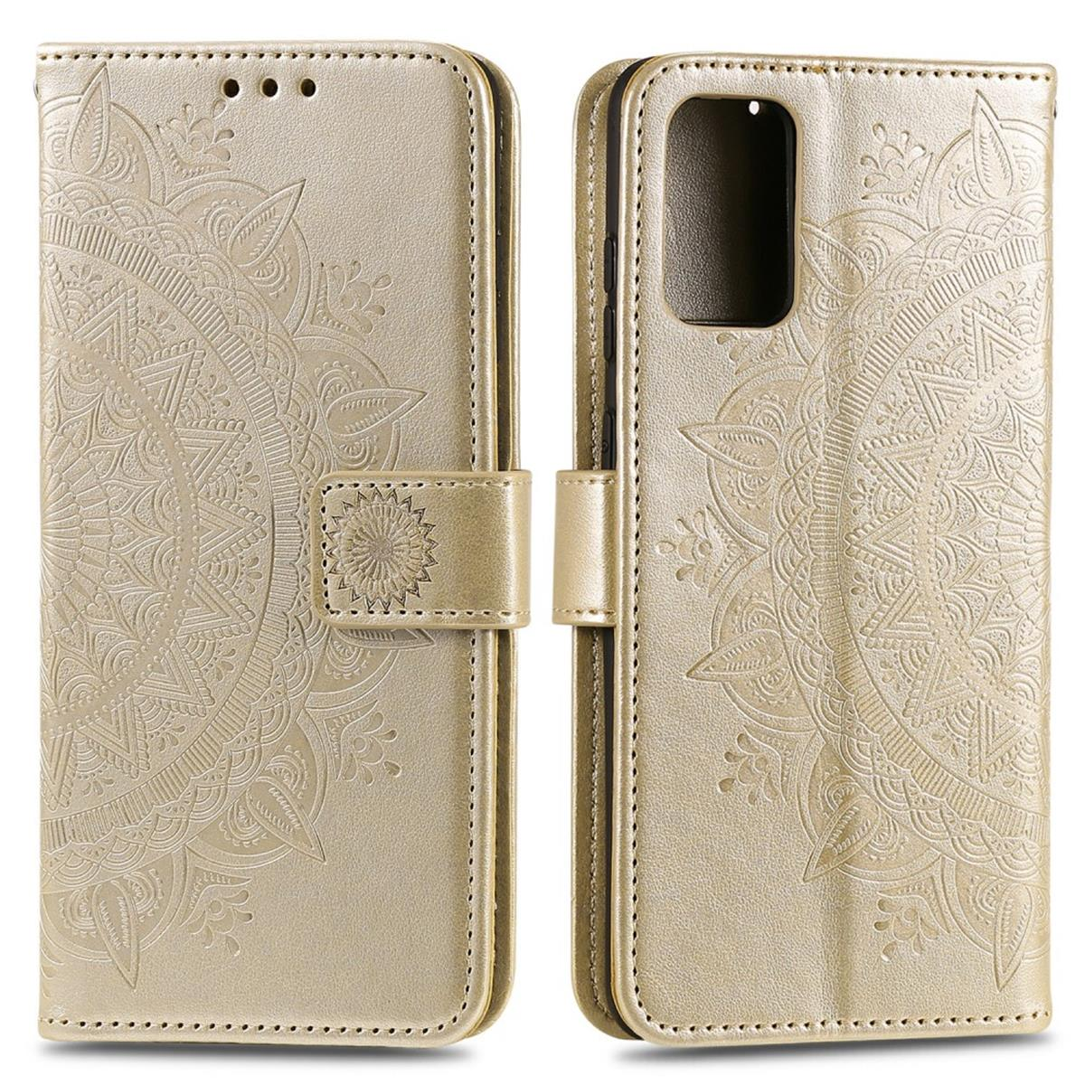 Goldene Handyhülle mit Mandala-Design, offen und geschlossen. Dekoratives Muster und Verschluss sichtbar.
