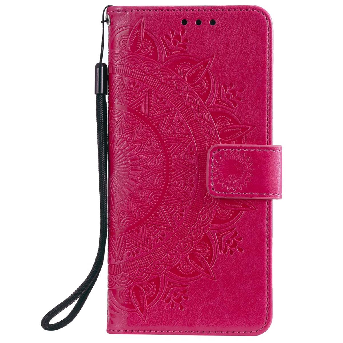 Rosa Handyhülle mit Mandala-Design und schwarzem Riemen. Weißer Hintergrund.