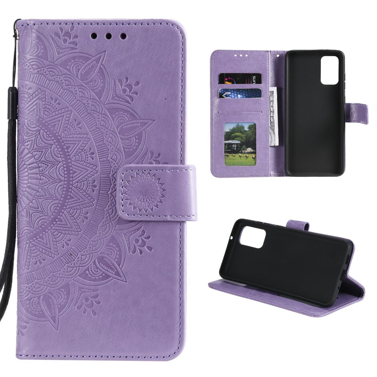 Lila Handy-Brieftasche mit Mandala-Design und Telefon, auf weißem Hintergrund.