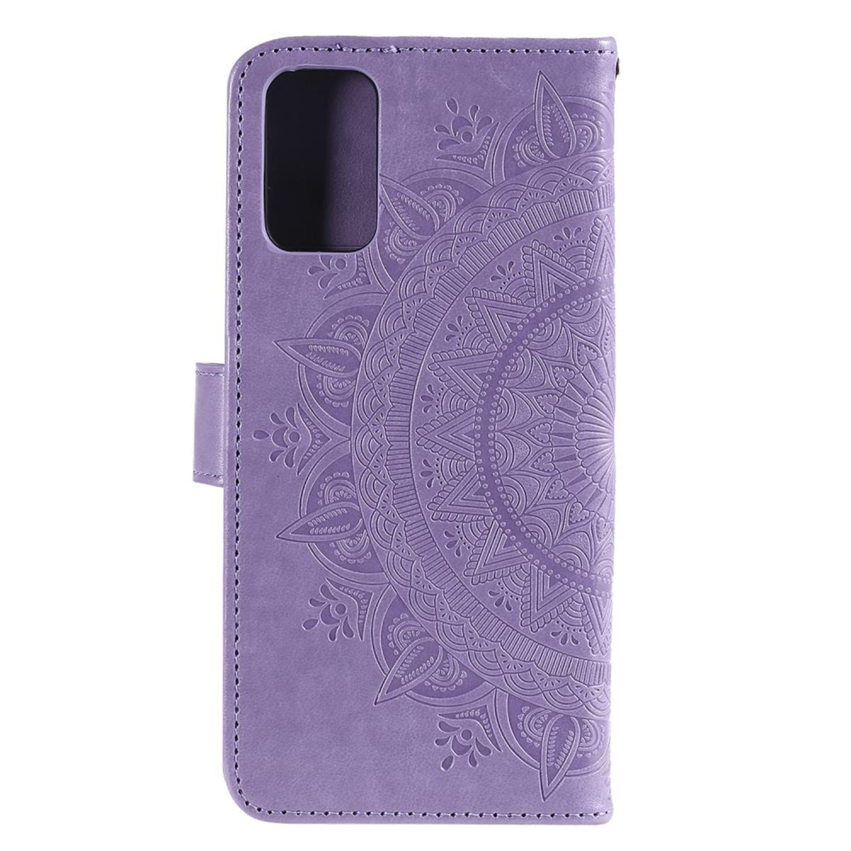 Lila Handyhülle mit Mandala-Design. Die Hülle ist geöffnet und zeigt eine Handykamera.