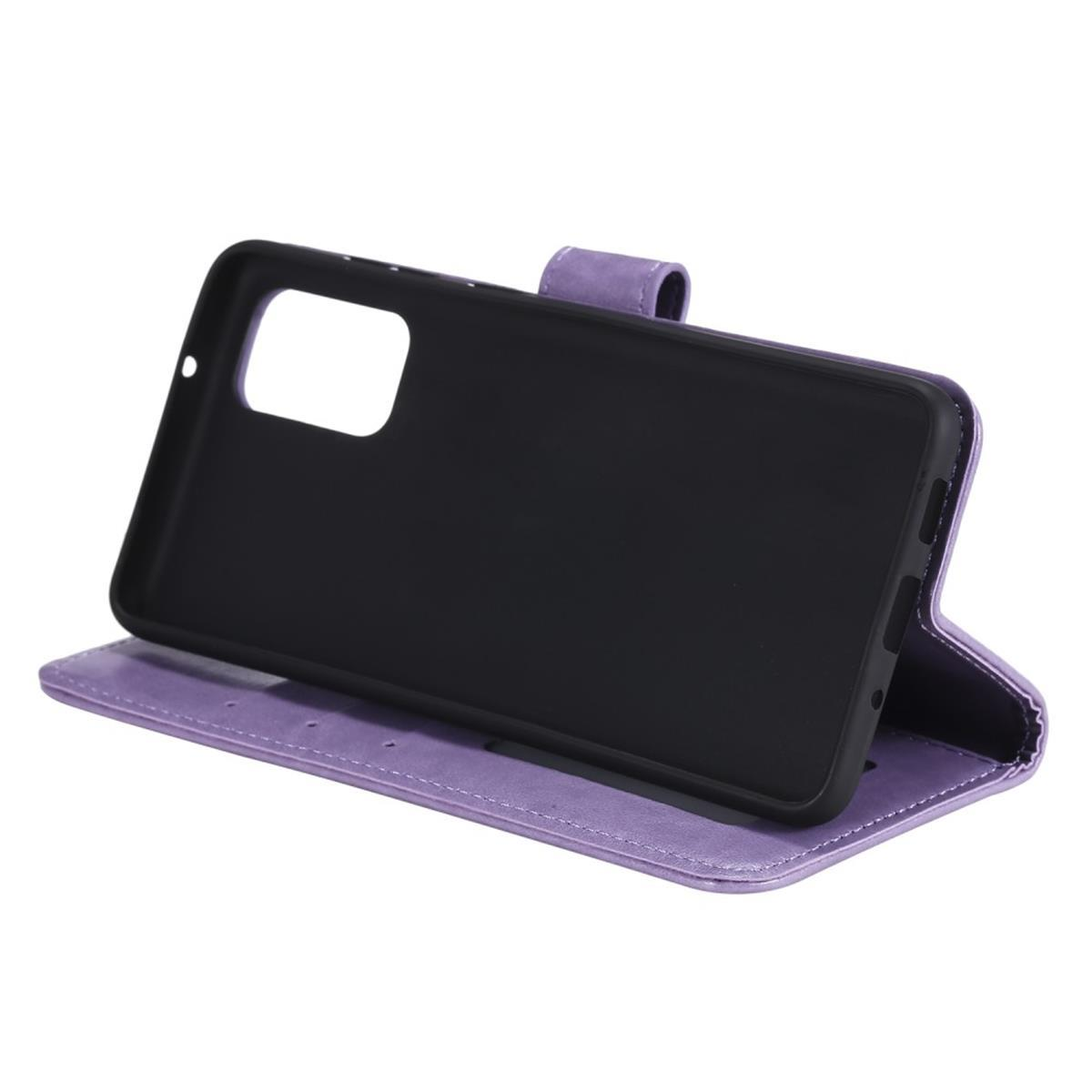 Eine offene, lila Handyhülle zeigt ein schwarzes Telefon. Die Hülle hat Aussparungen und eine Klappe.