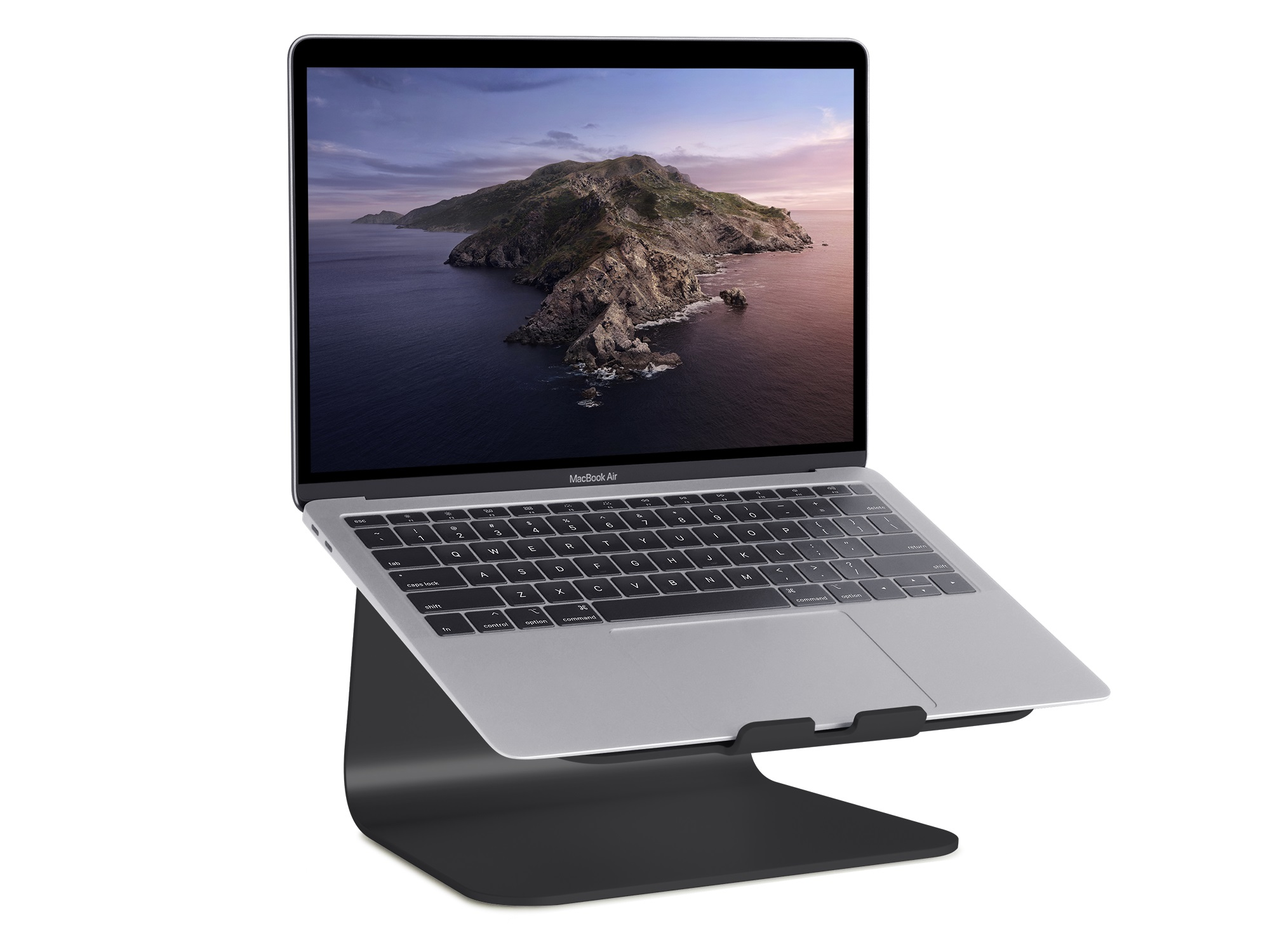 Laptop on a black stand. The laptop screen is open, displaying an image of a mountain scene.