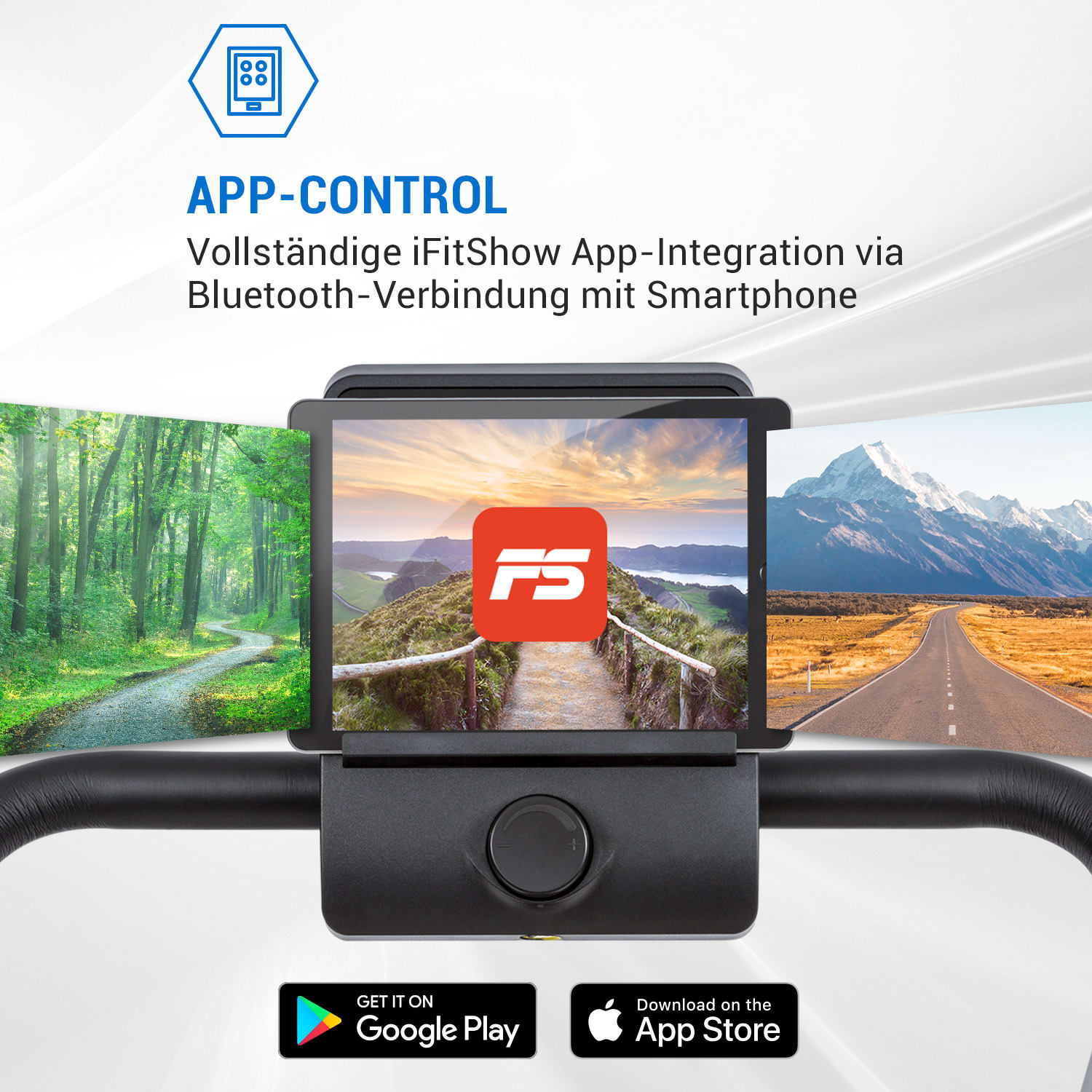 Laufband mit Tablet, das einen Pfad im Wald zeigt, und ein Logo. Der Text lautet App-Control.