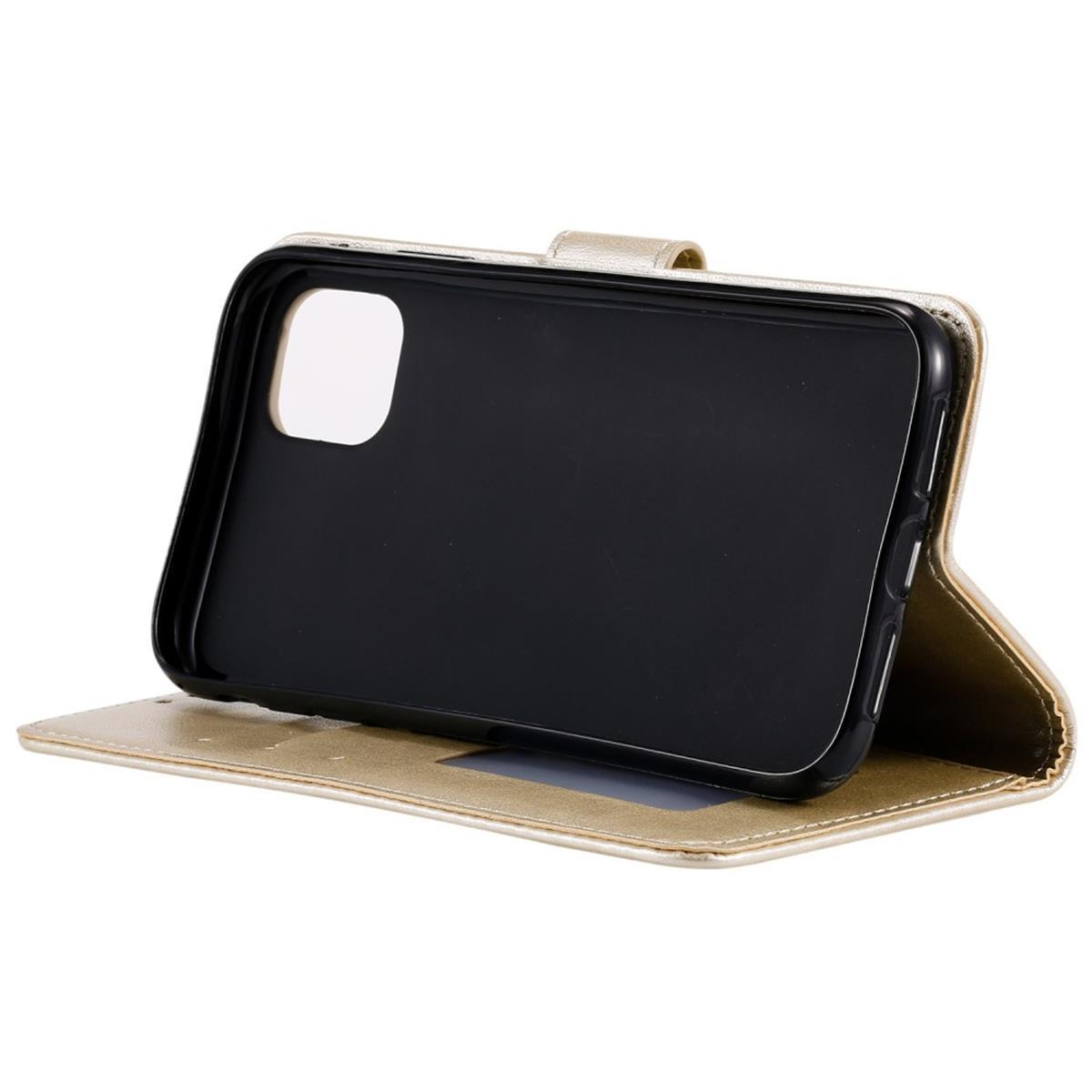 Goldene Handyhülle mit Telefon darin, Rückansicht, auf weißem Hintergrund.