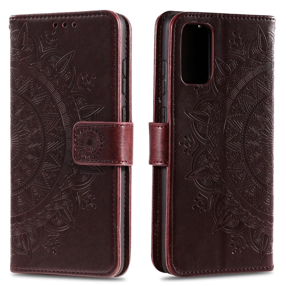 Handyhülle mit braunem Mandala-Design. Die Hülle ist offen. Ein Telefon befindet sich darin.