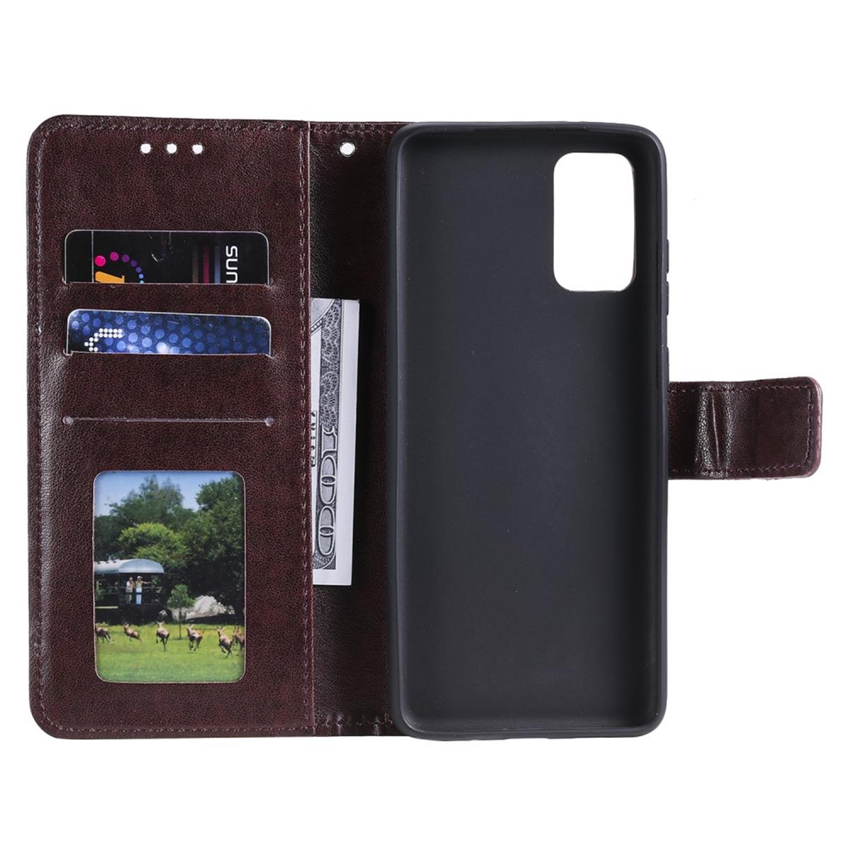 Geöffnete braune Lederbrieftasche mit Karten, Geld und einem Bild. Das Telefon ist nicht im Case. Hintergrund ist weiß.