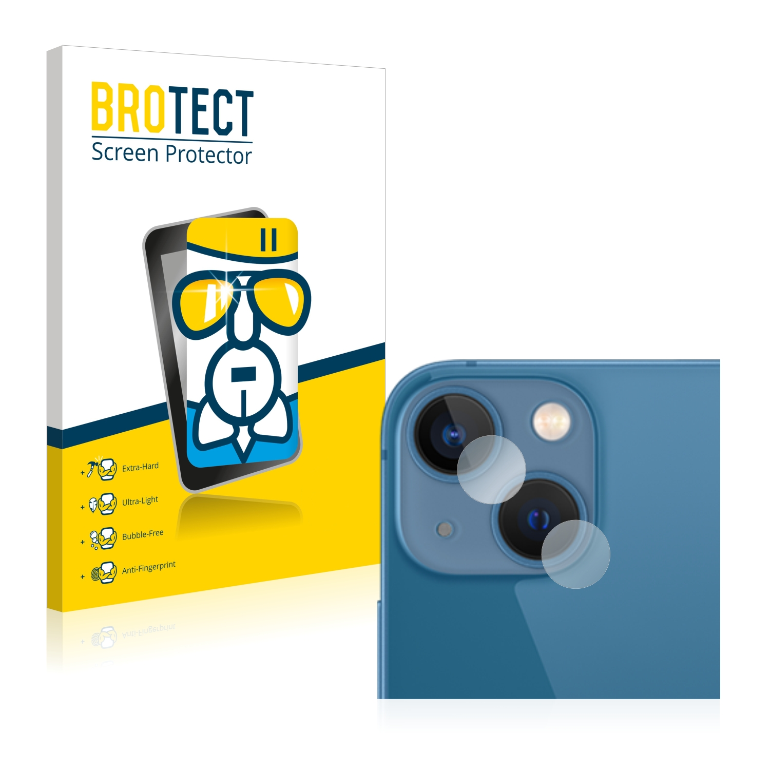 Boxed Brotect Displayschutzfolie mit Telefon und Displayschutzfolie auf Weiß. Eigenschaften: Extra-hart usw.