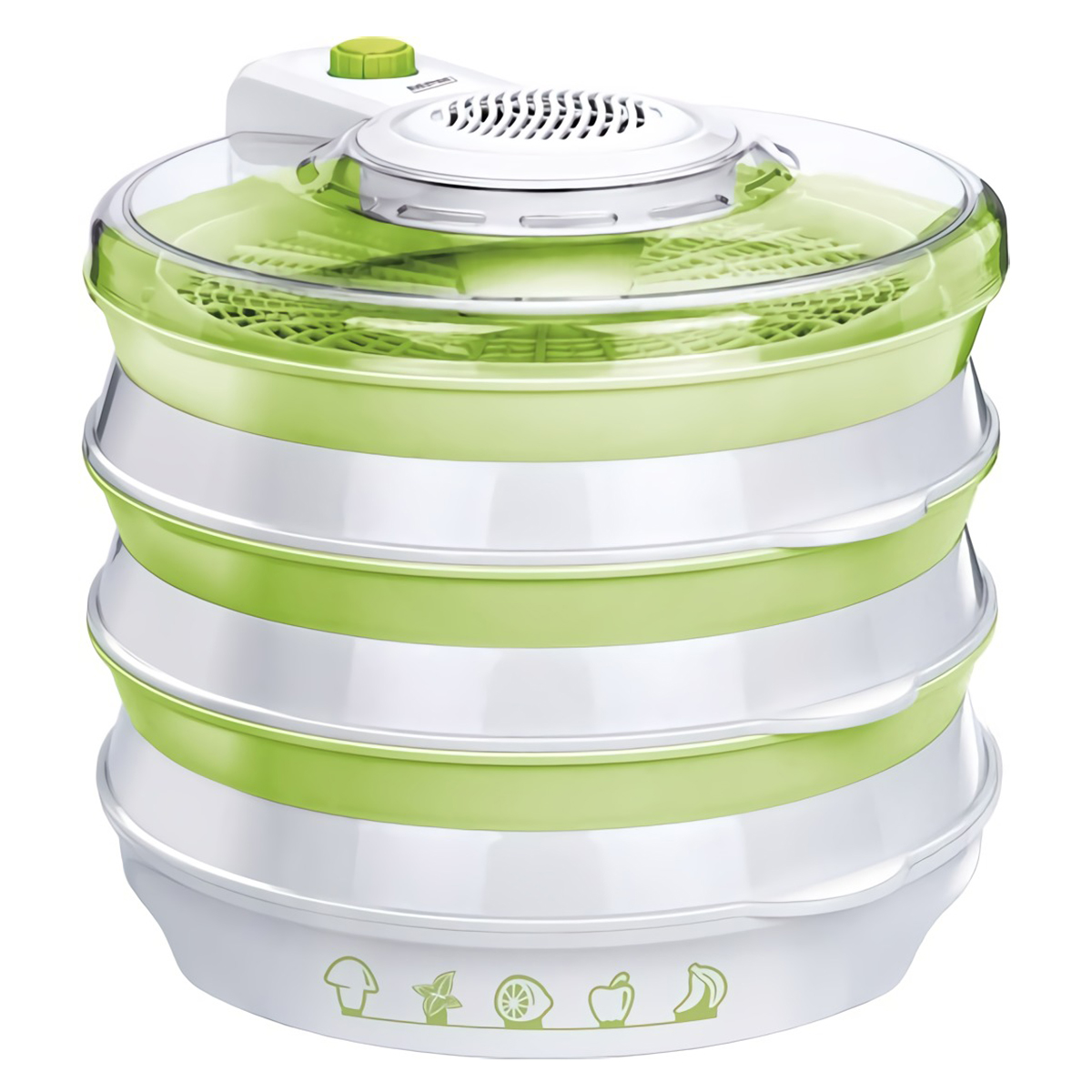 Un deshidratador de alimentos blanco y verde. Tiene múltiples capas con tapa transparente y panel de control.