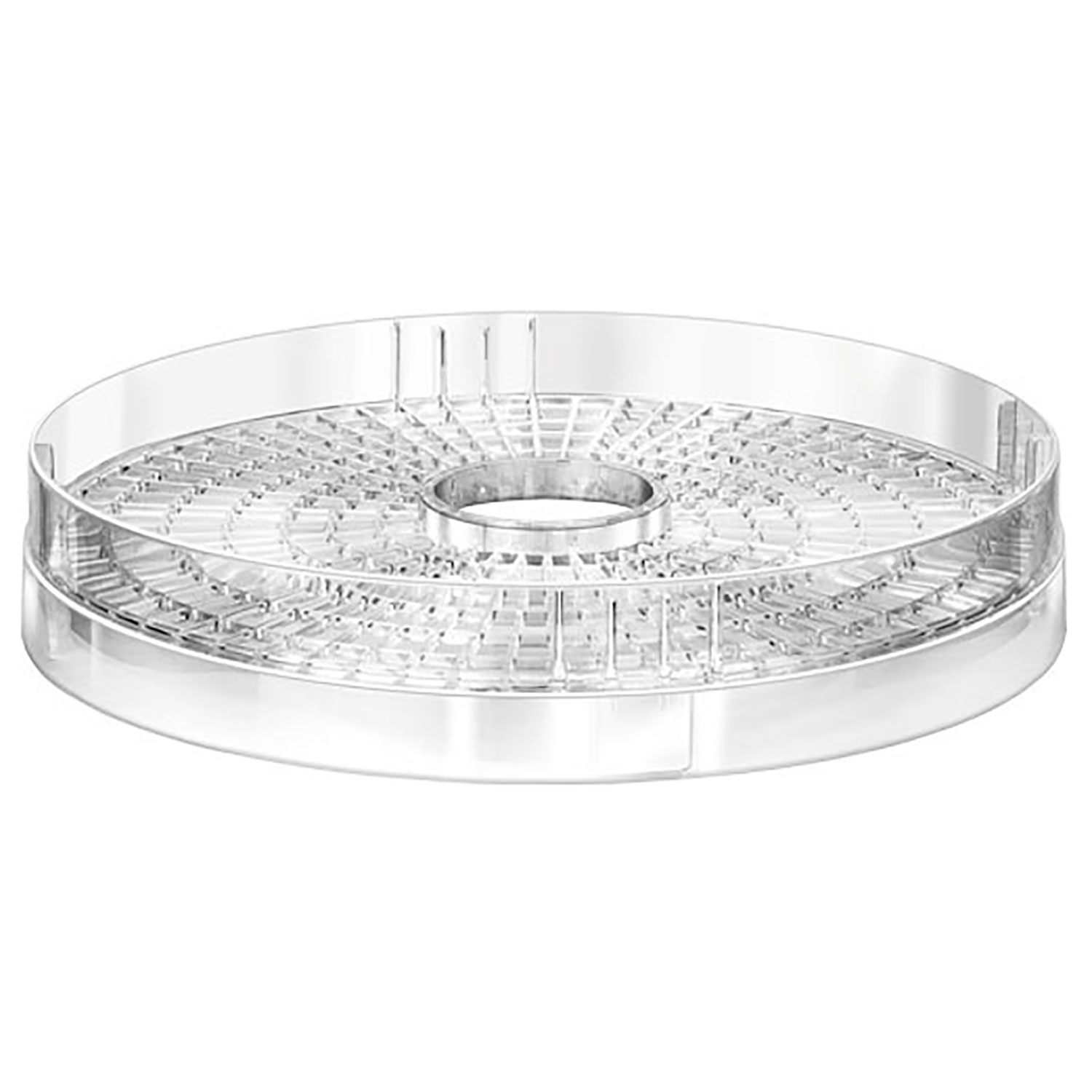 Una bandeja de plástico transparente con diseño redondo para deshidratación de alimentos.