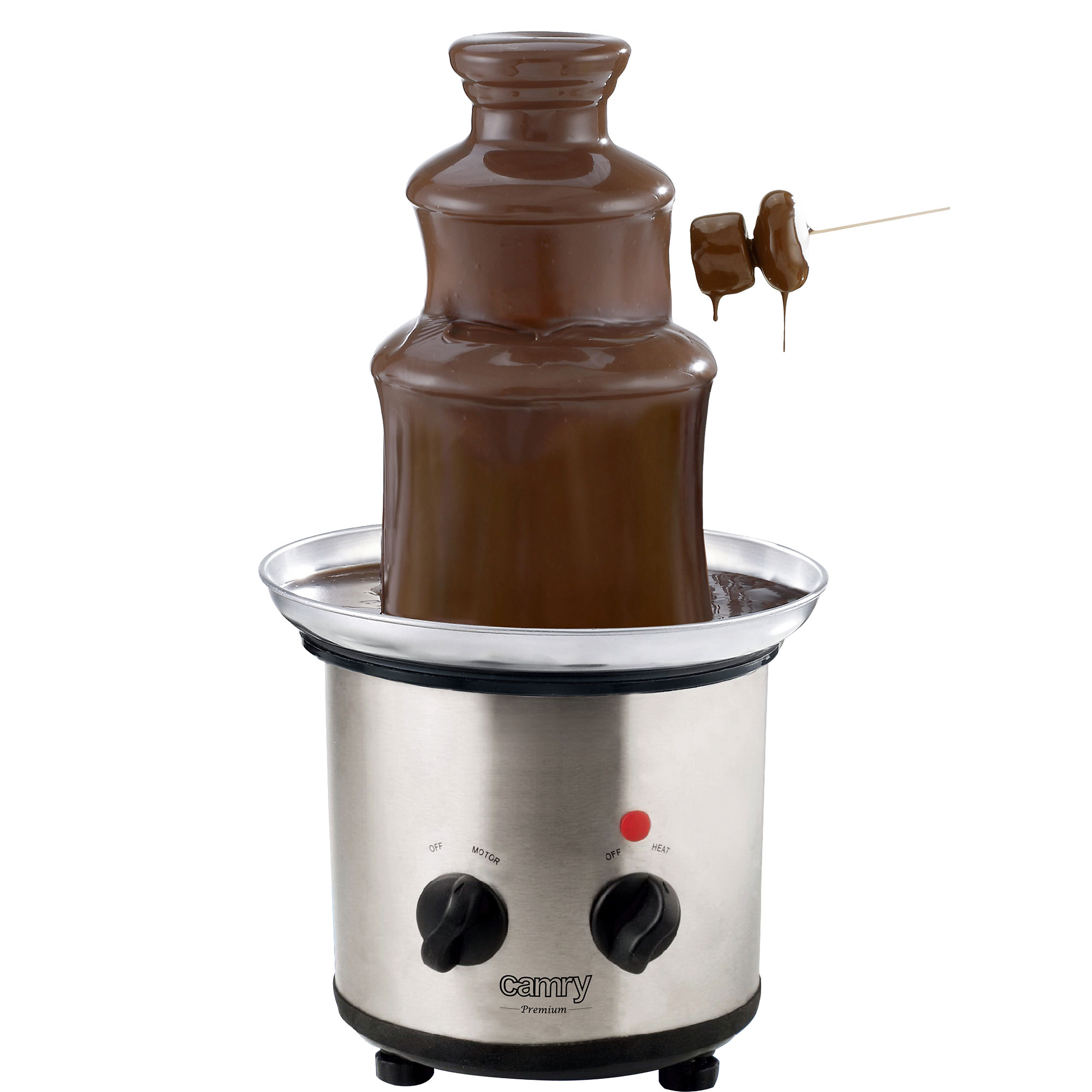 Se muestra una fuente de chocolate con chocolate derretido y malvaviscos en un pincho.