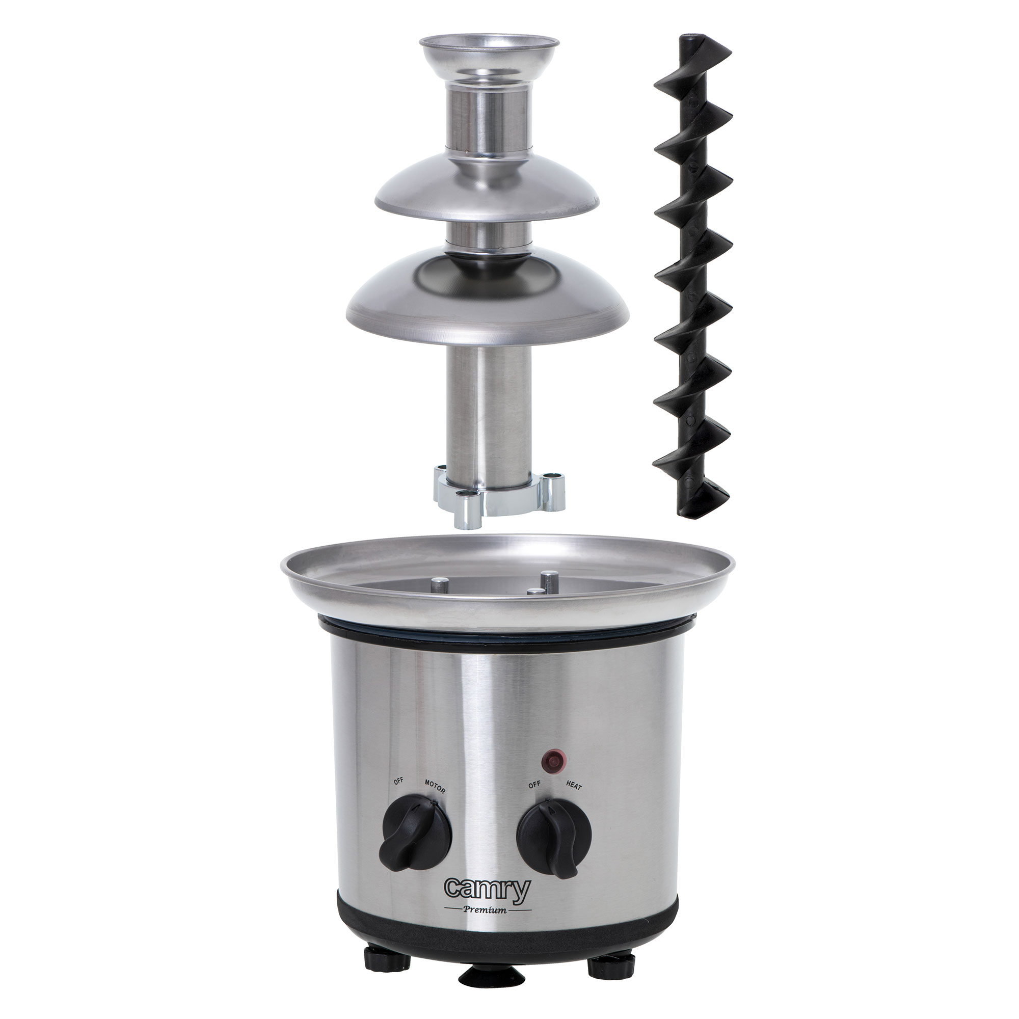 Fuente de chocolate desmontada. La parte superior, tornillo y base están separados.