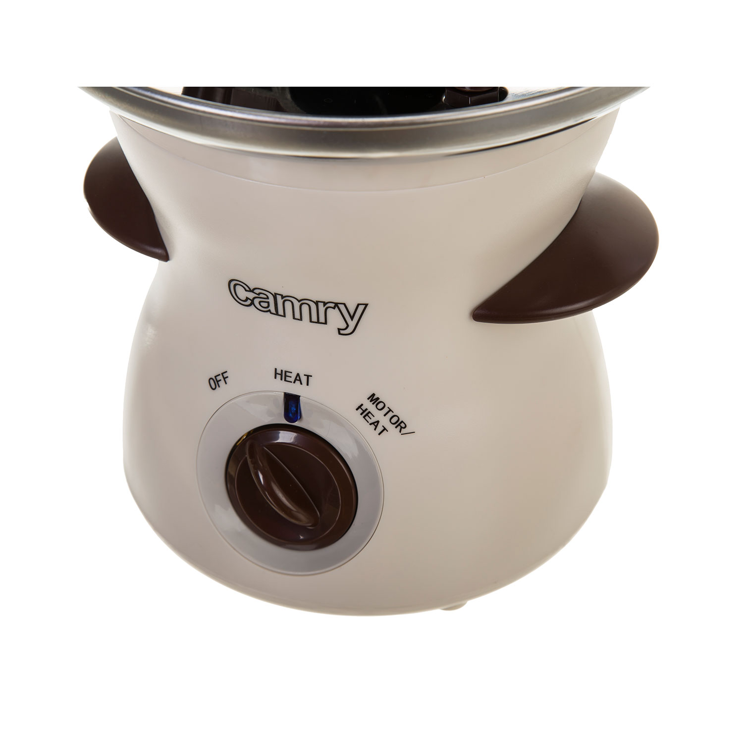Cremefarbenes Camry-Gerät. Es hat einen braunen Knopf, Griffe und ein Logo. Es hat Einstellungen für Aus, Hitze und Motor/Hitze.
