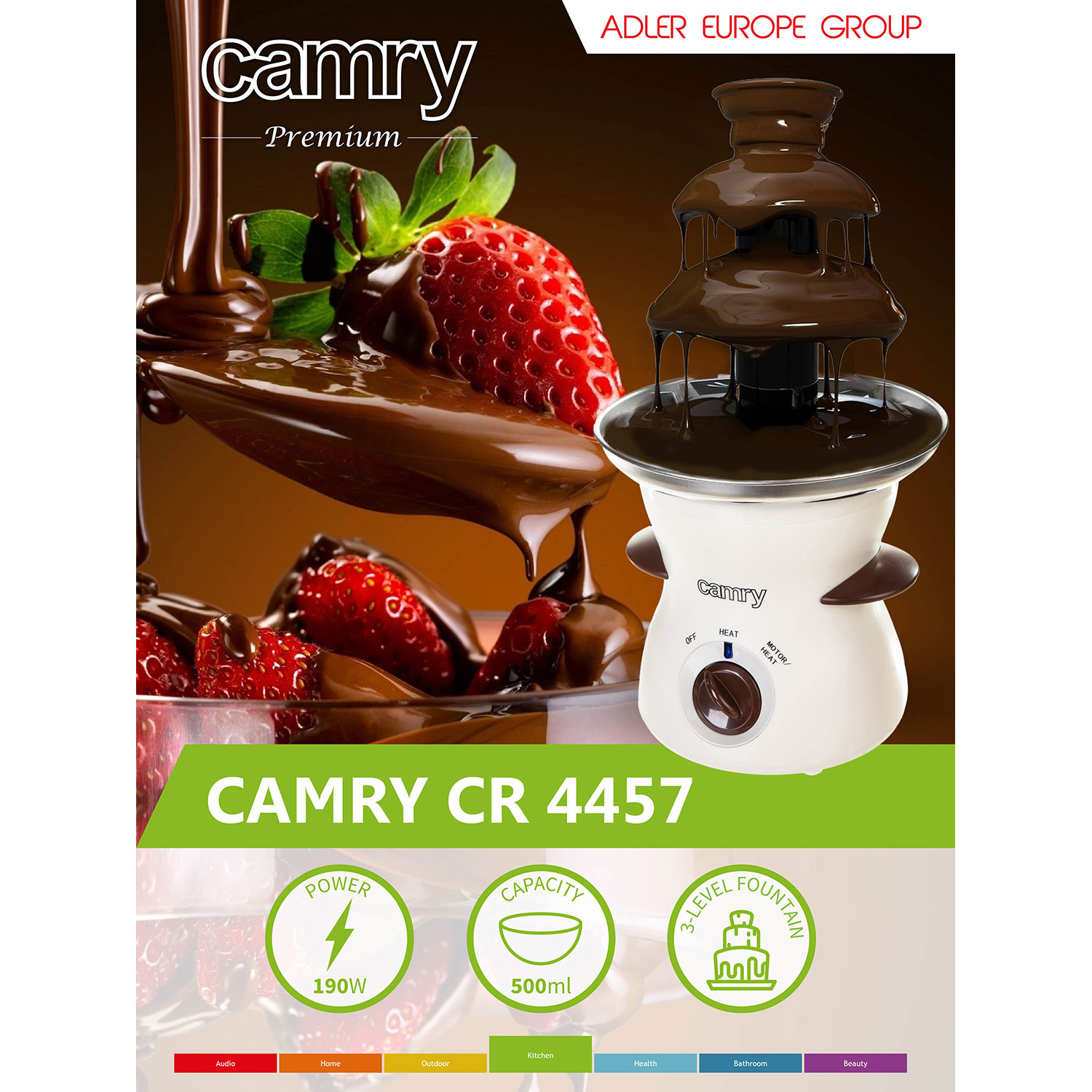 Ein Schokoladenbrunnen mit Erdbeeren. Es ist ein weißes Gerät mit braunen Akzenten. Text sagt: Camry CR 4457.