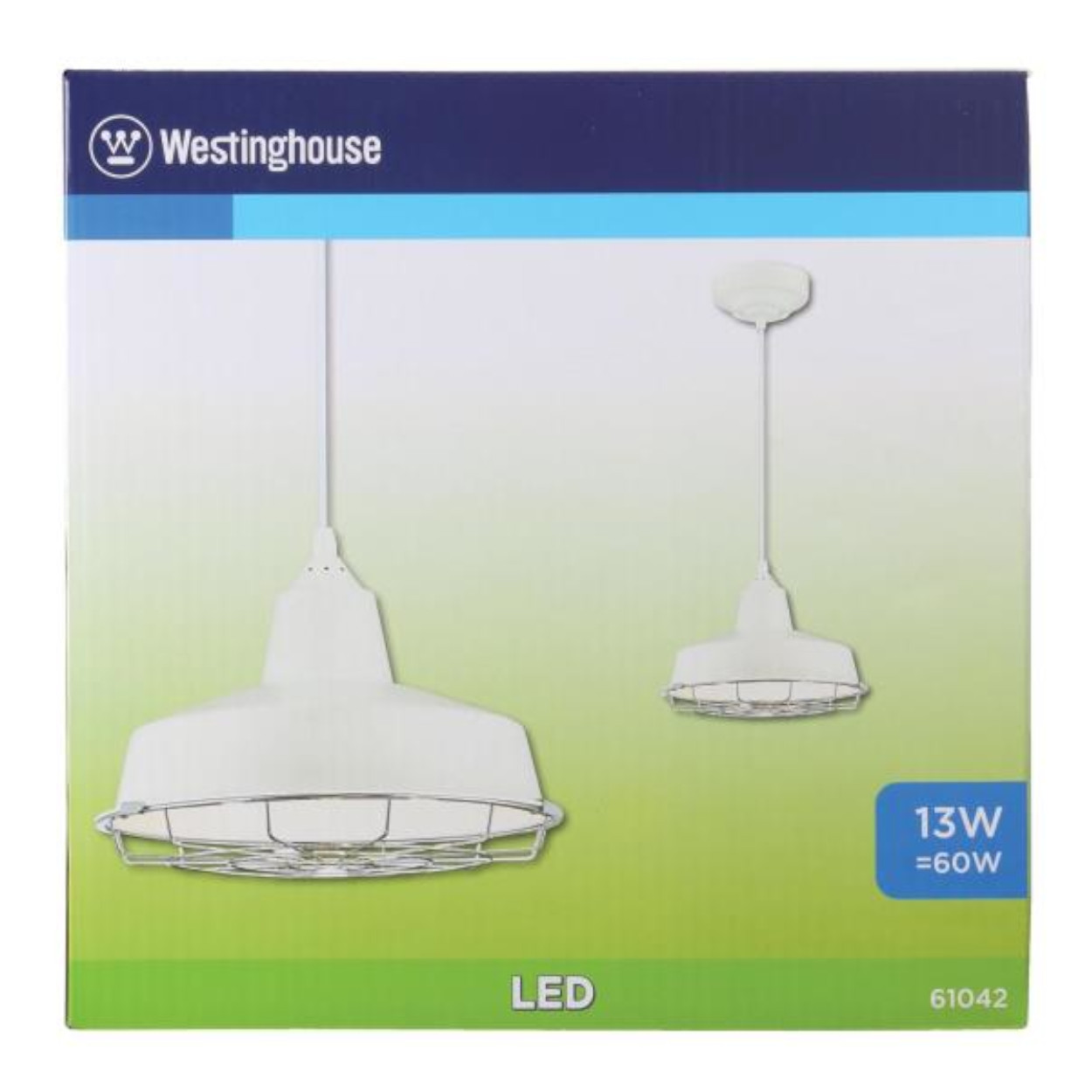 Box mit zwei Pendelleuchten. Grün-blaue Box mit weißen Lichtern. Westinghouse-Logo sichtbar.