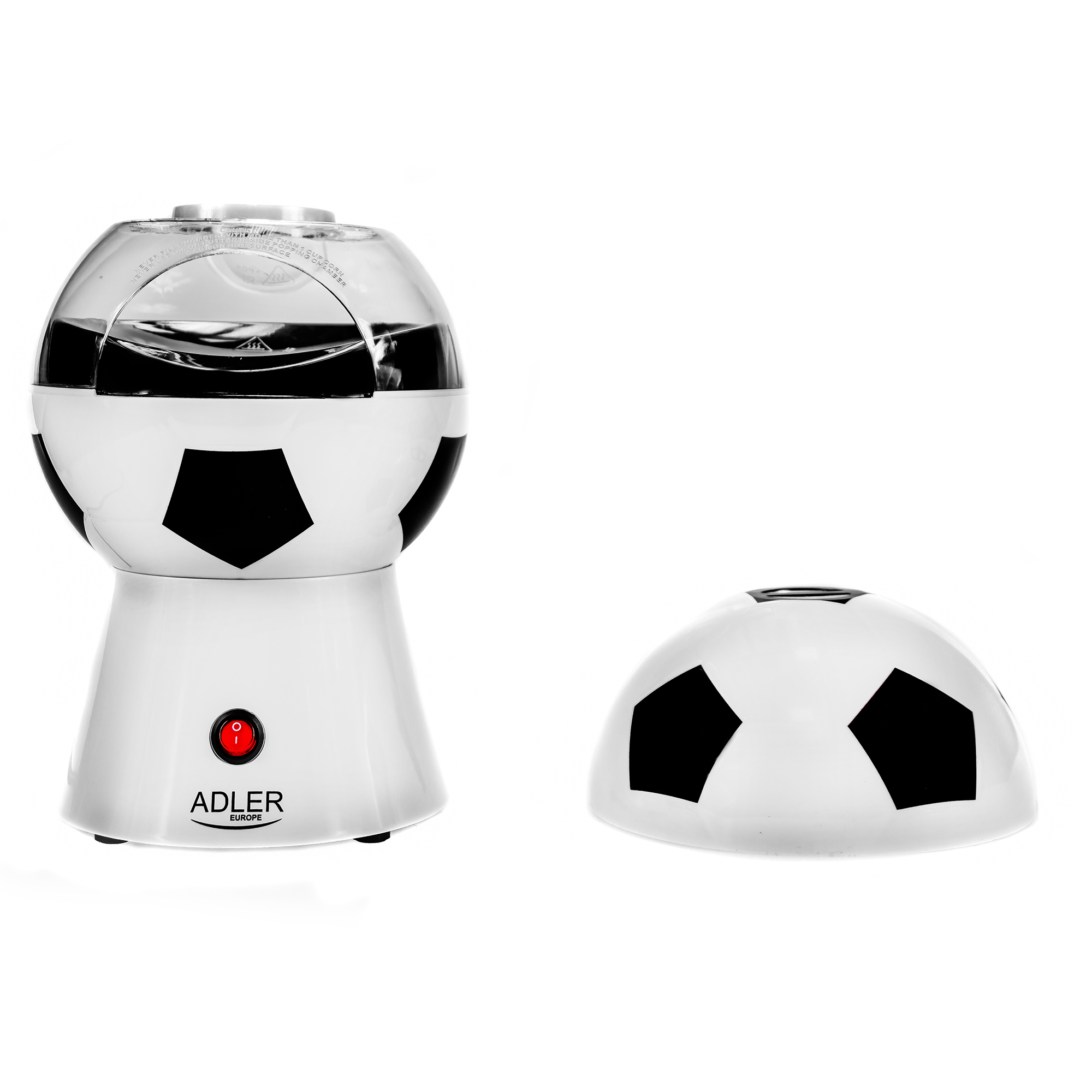 Ein weißer Popcorn-Maker mit Fußball-Design, der Deckel befindet sich rechts.