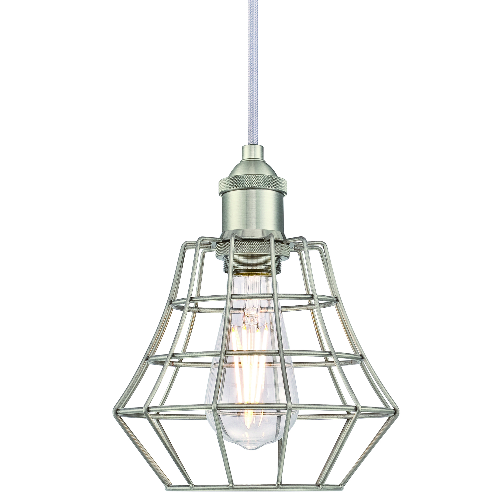 Silberne Pendelleuchte mit käfigartigem Schirm und Edison-Glühbirne. Weißer Hintergrund.